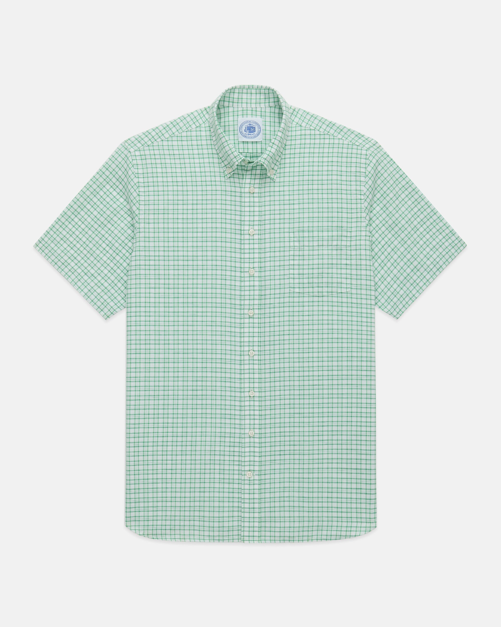 Green Check Cotton/Linen Short Sleeve Sport Shirt - Classic Fit