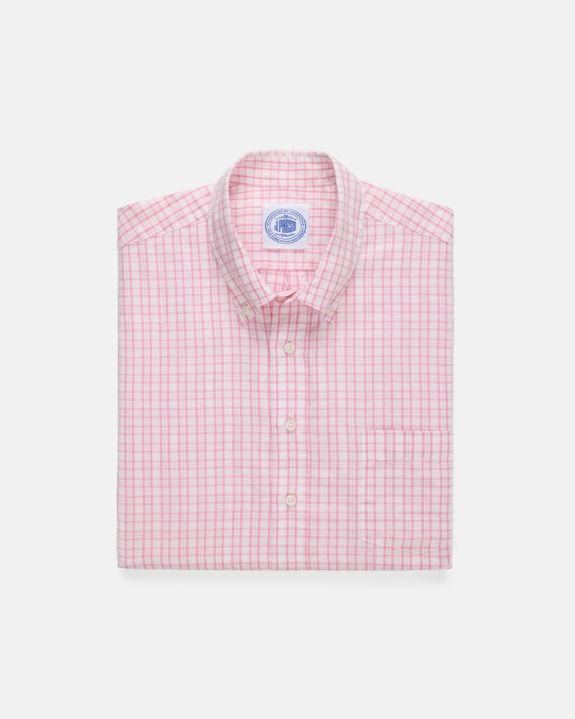Pink Check Cotton/Linen Short Sleeve Sport Shirt - Classic Fit