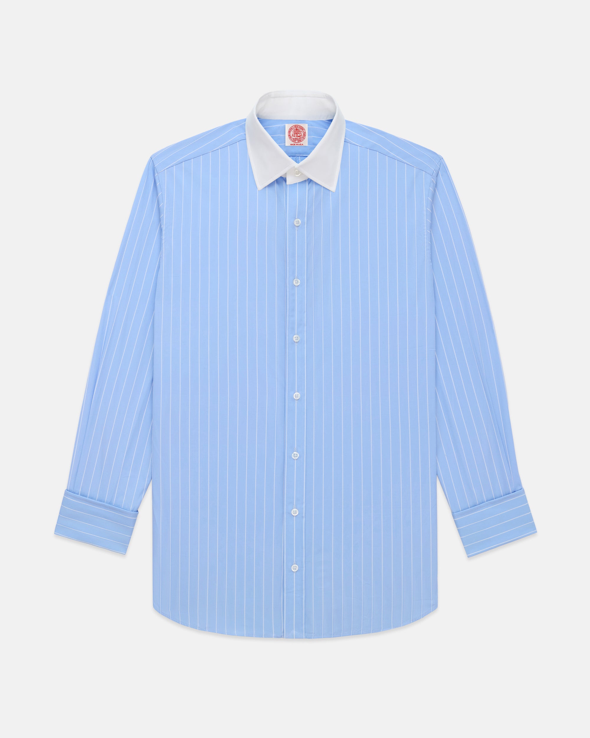 Made-in-USA Thomas Mason Blue & White Stripe Spread Collar French Cuff Dress Shirt - Classic Fit