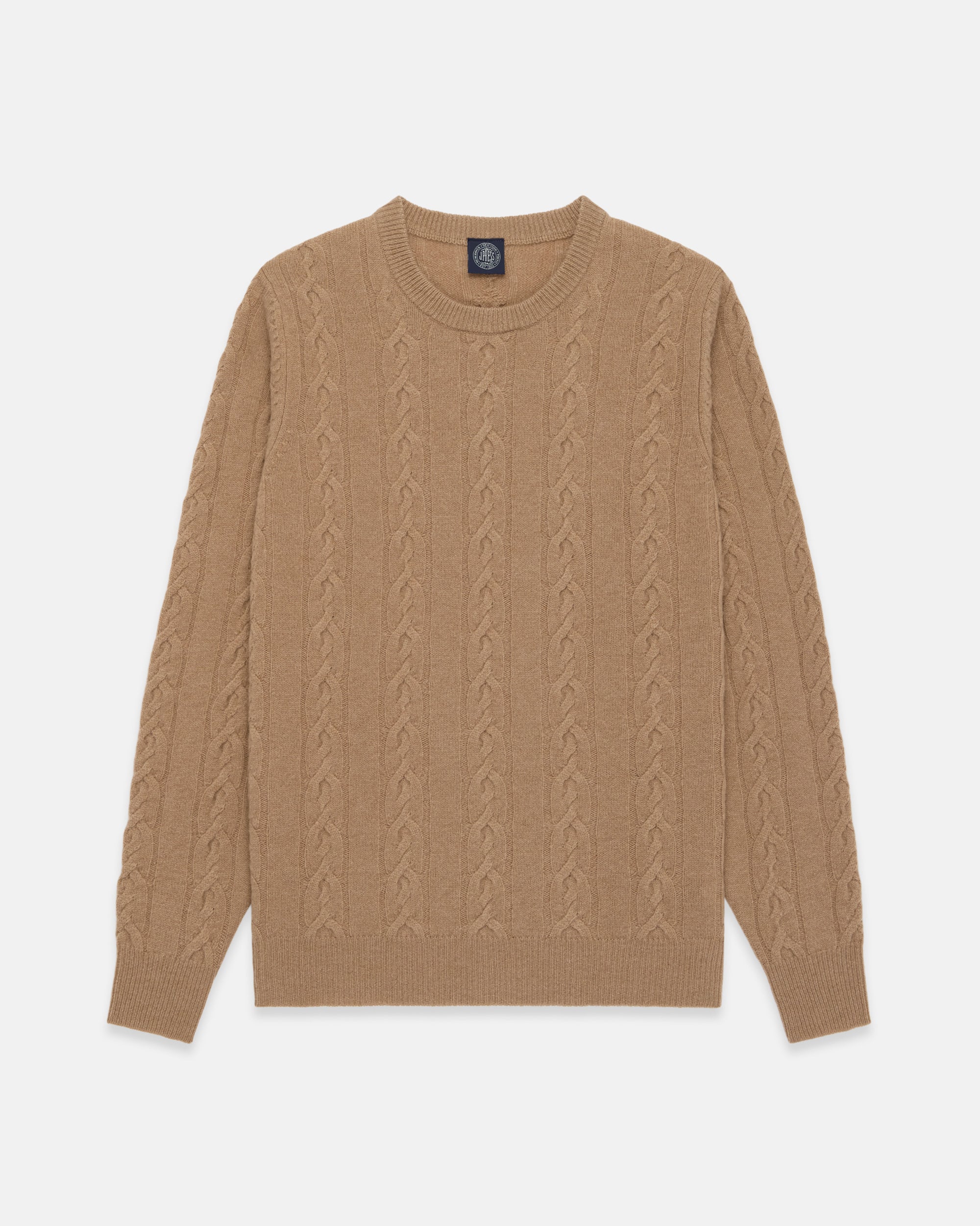 Camel Lambswool Cable Crewneck Sweater