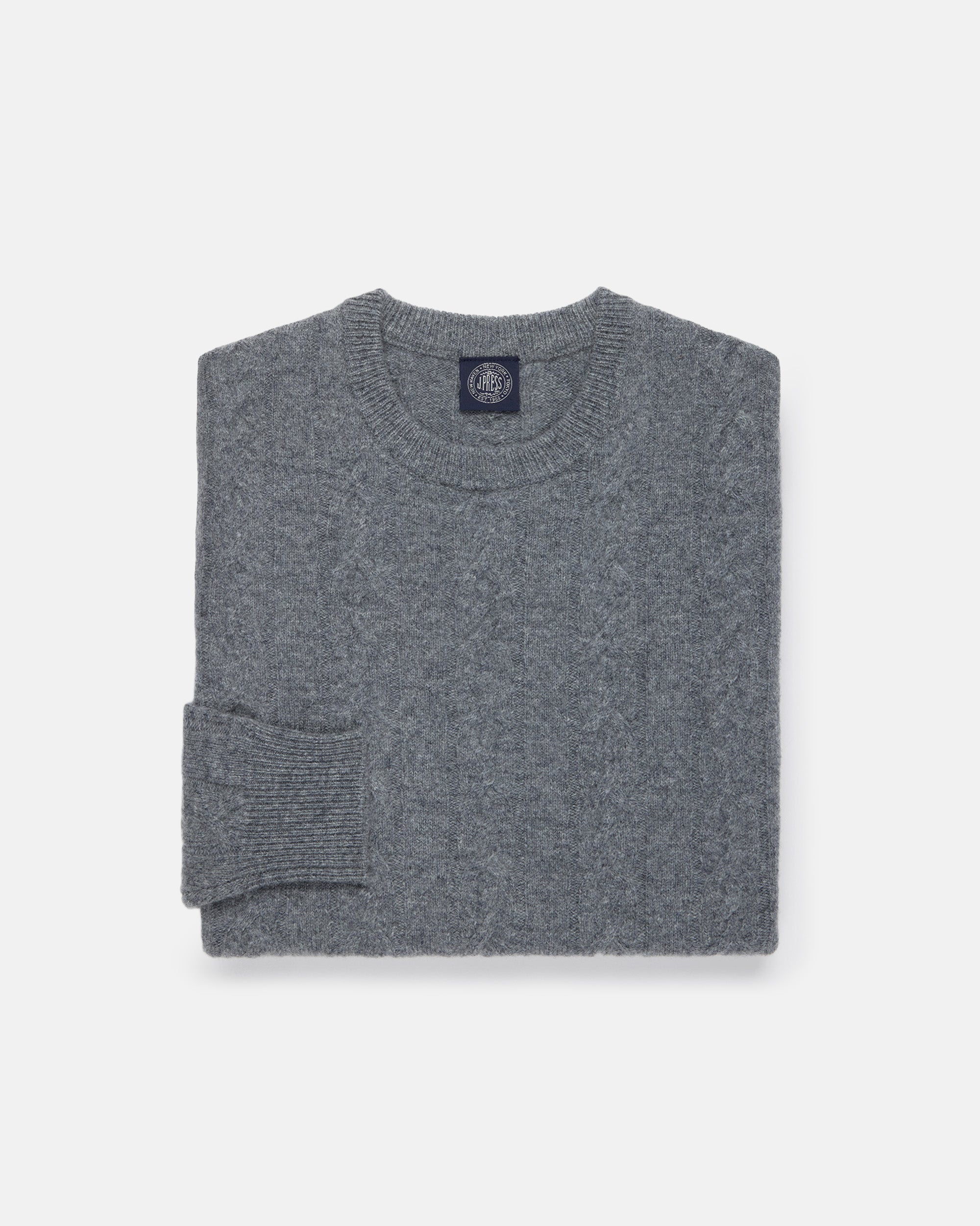Grey Lambswool Cable Crewneck Sweater