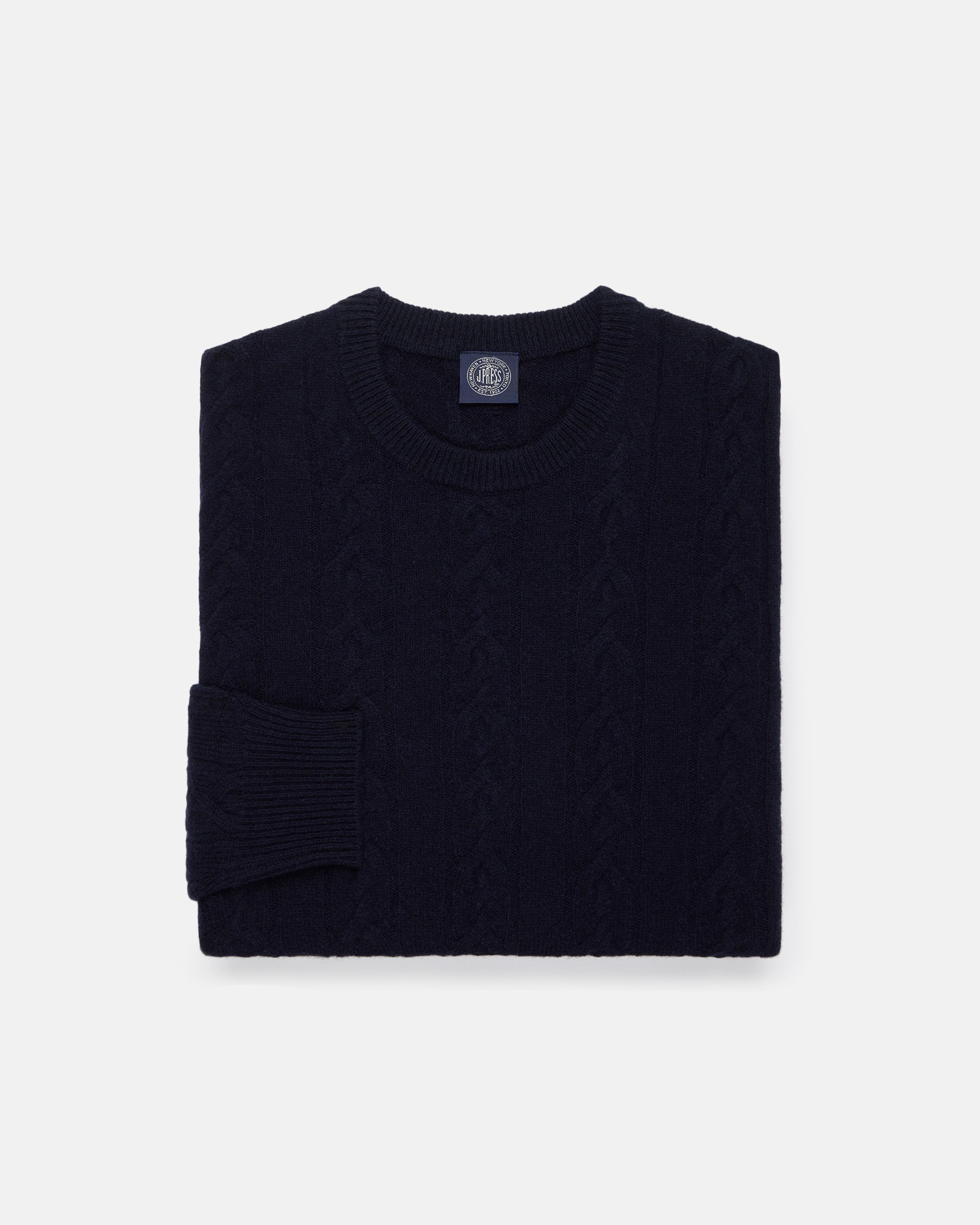 Navy Lambswool Cable Crewneck Sweater