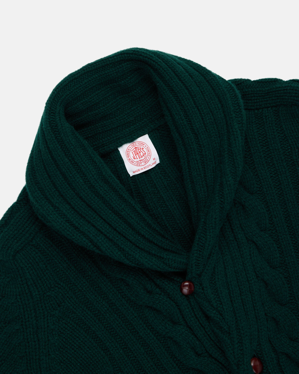 Made-in-Scotland Green Shawl Collar Cable Knit Cardigan