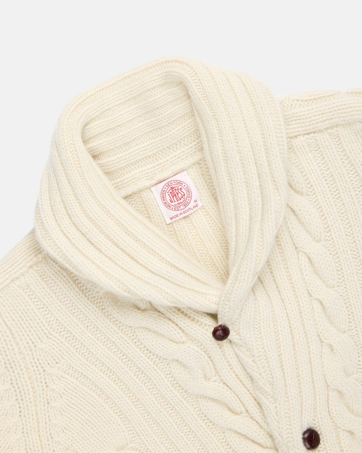 Made-in-Scotland Natural Shawl Collar Cable Knit Cardigan