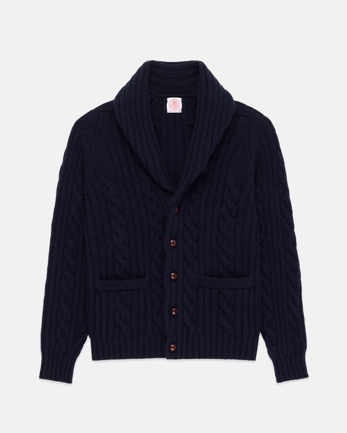 Made-in-Scotland Navy Shawl Collar Cable Knit Cardigan