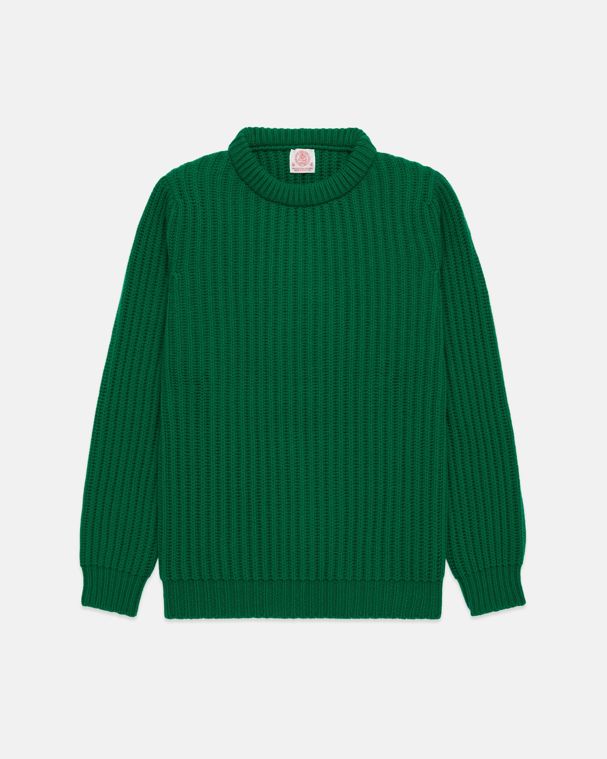 Made-in-Scotland Green Cashmere Fisherman Rib Crewneck Sweater