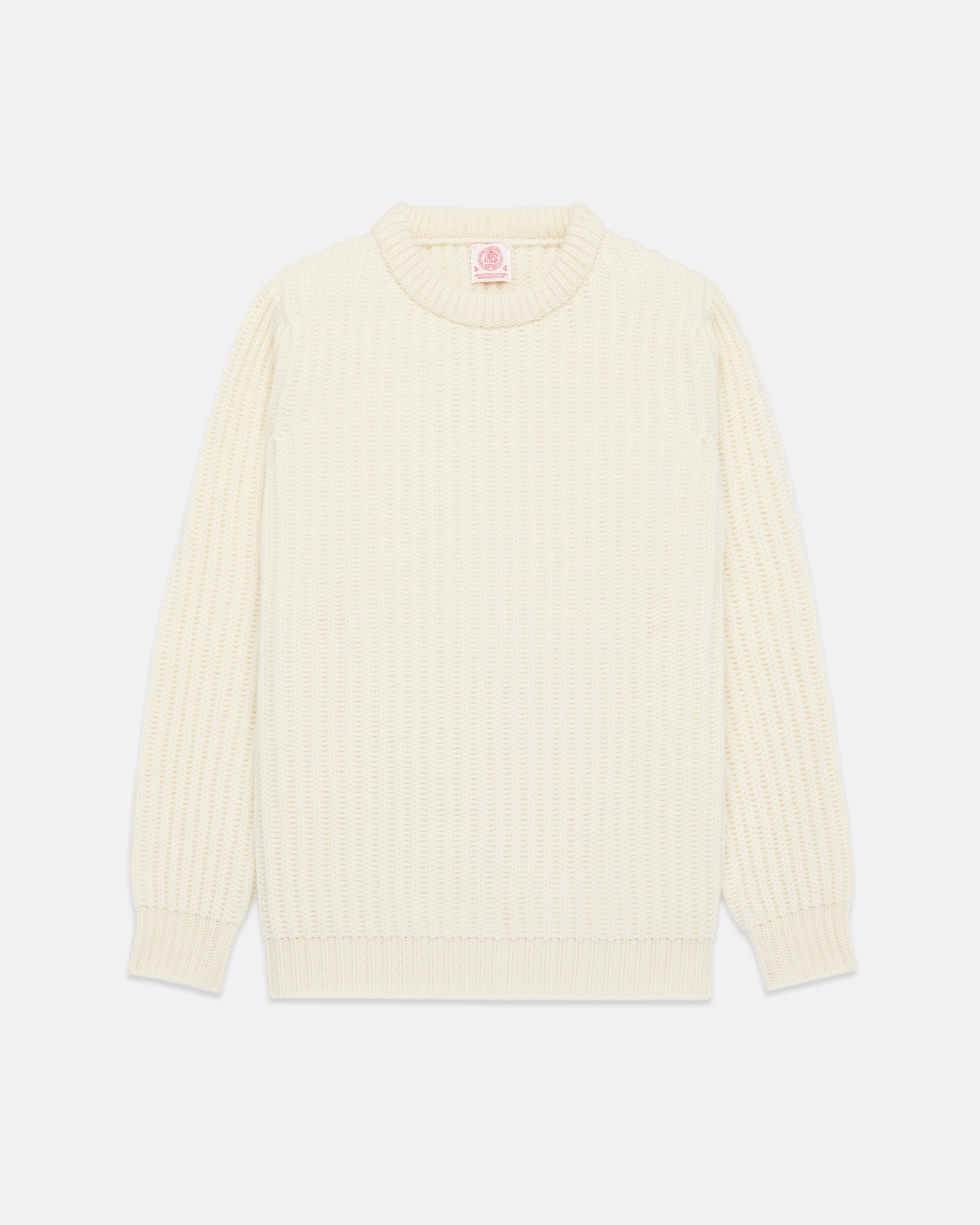 Made-in-Scotland Ivory Cashmere Fisherman Rib Crewneck Sweater