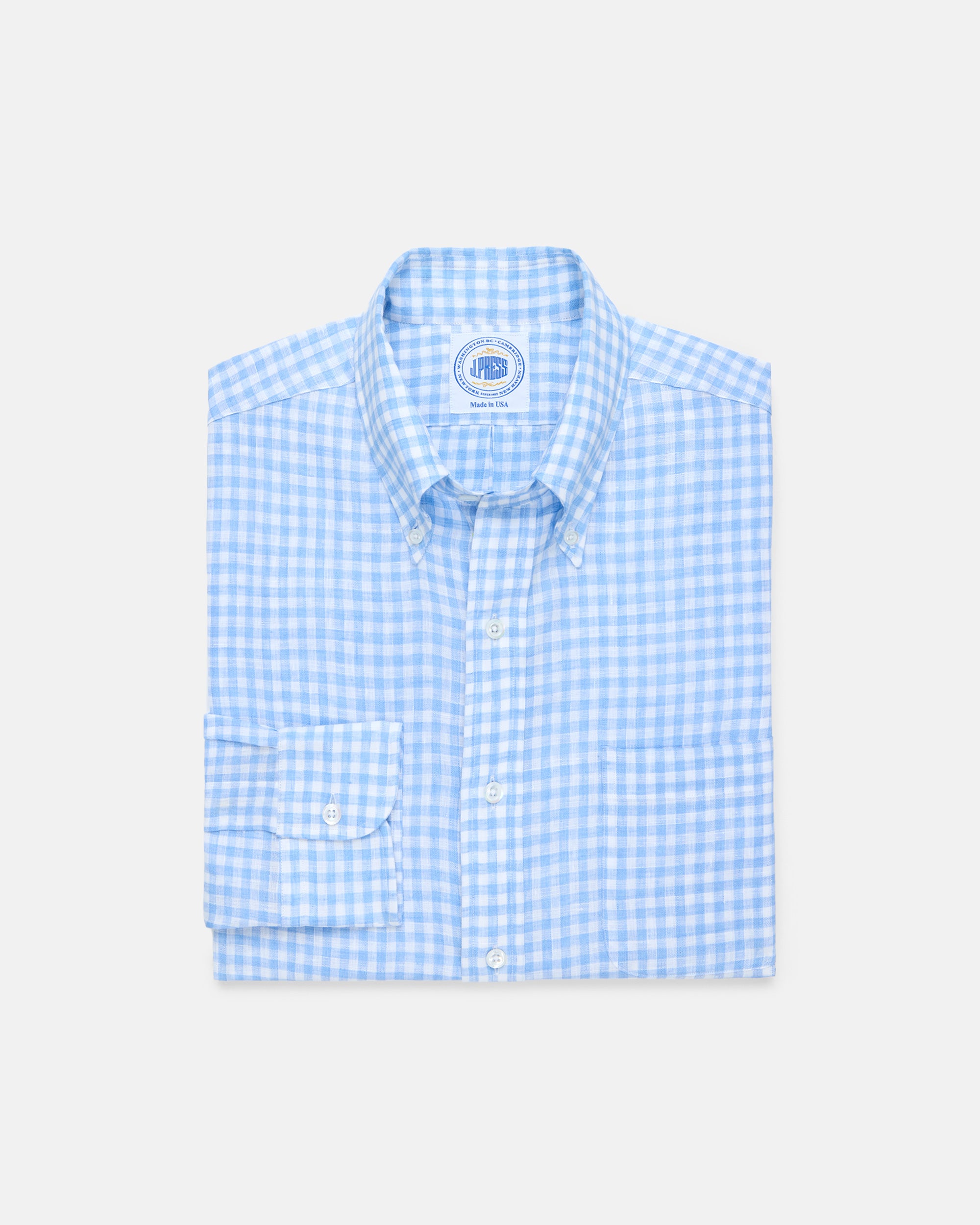 Made-in-USA Thomas Mason Light Blue Gingham Linen Shirt - Classic Fit