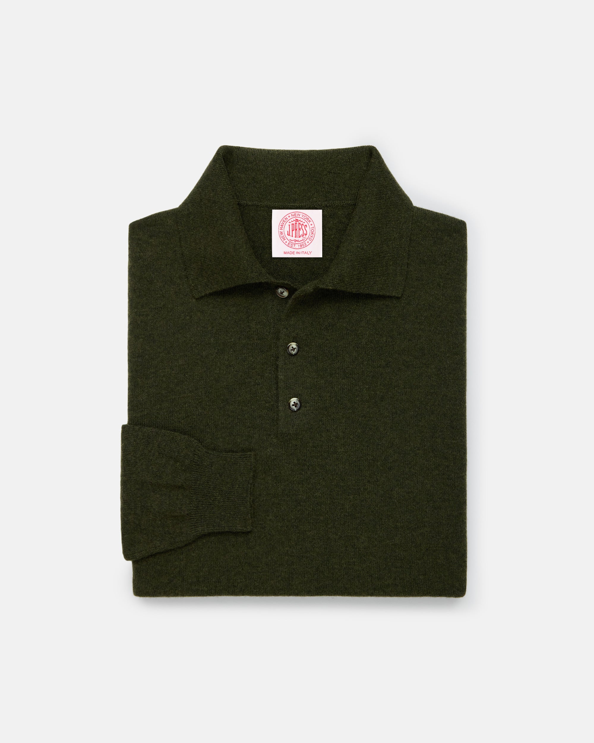 Made-in-Italy Loden Green Cashmere Long Sleeve Polo
