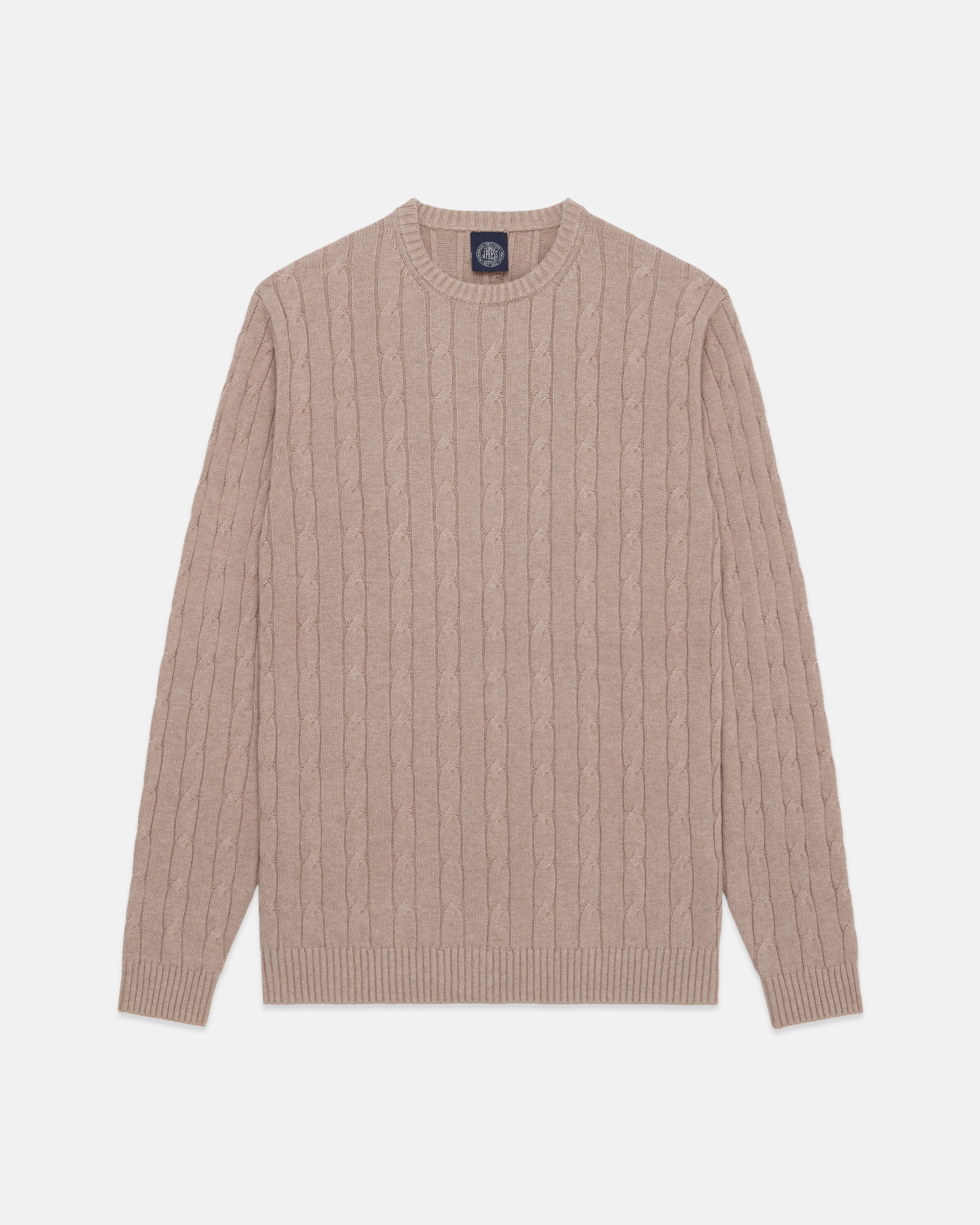 Light Brown Cotton-Cashmere Cable Crewneck Sweater