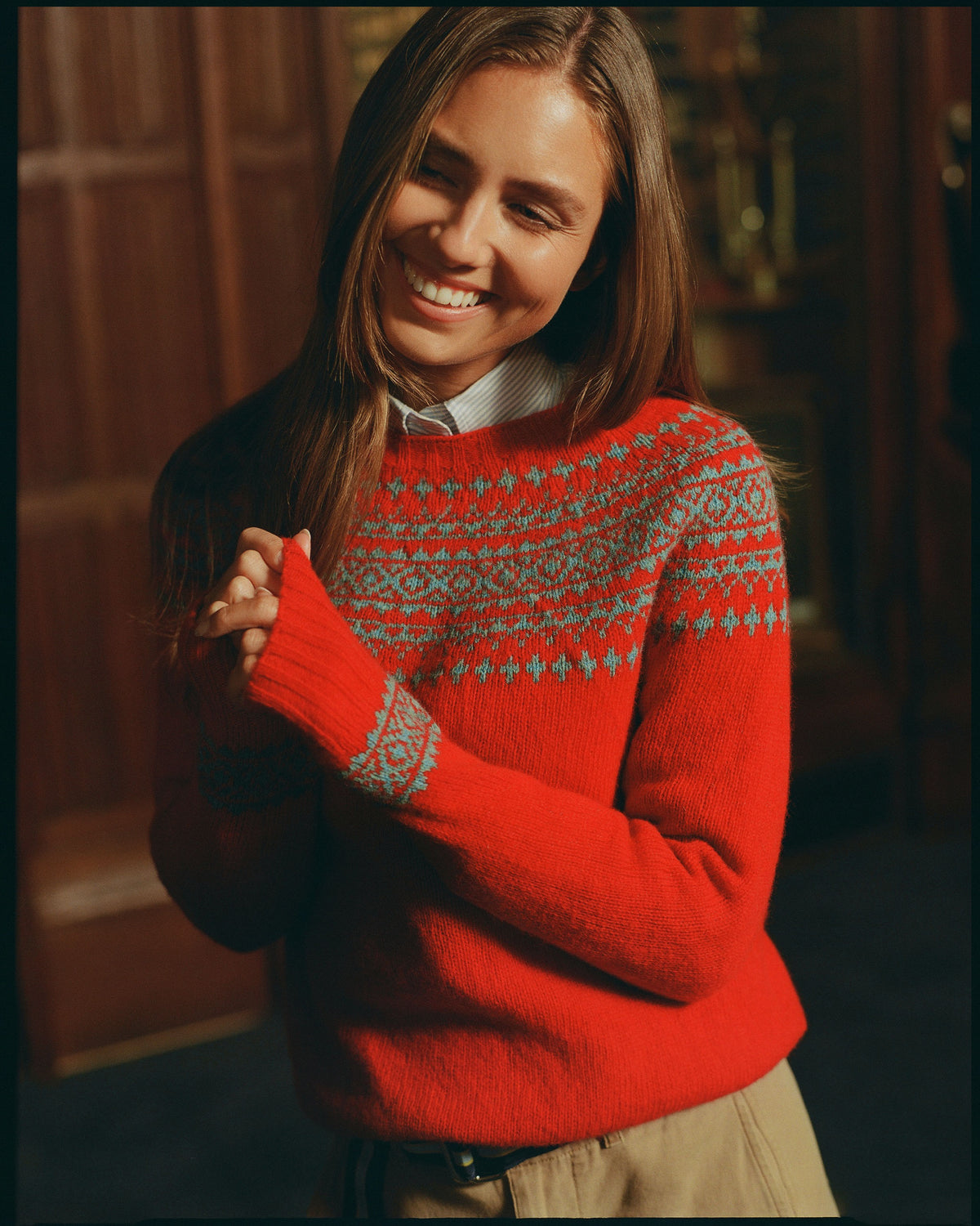 Made-in-Scotland Women's Red Fair Isle Yoke Crew Neck Sweater