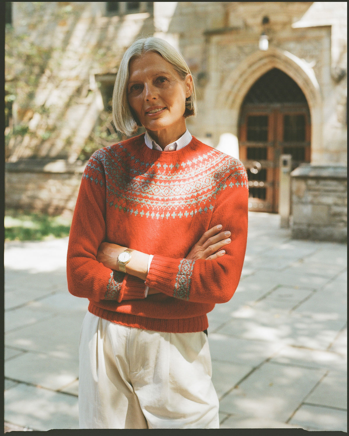 Made-in-Scotland Women's Red Fair Isle Yoke Crew Neck Sweater