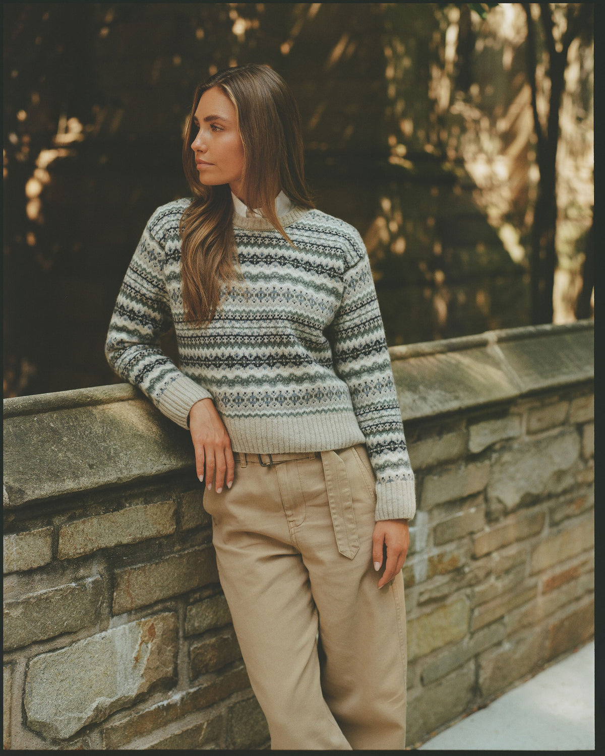 Made-in-Scotland Women's Light Blue Fair Isle Crew Neck Sweater