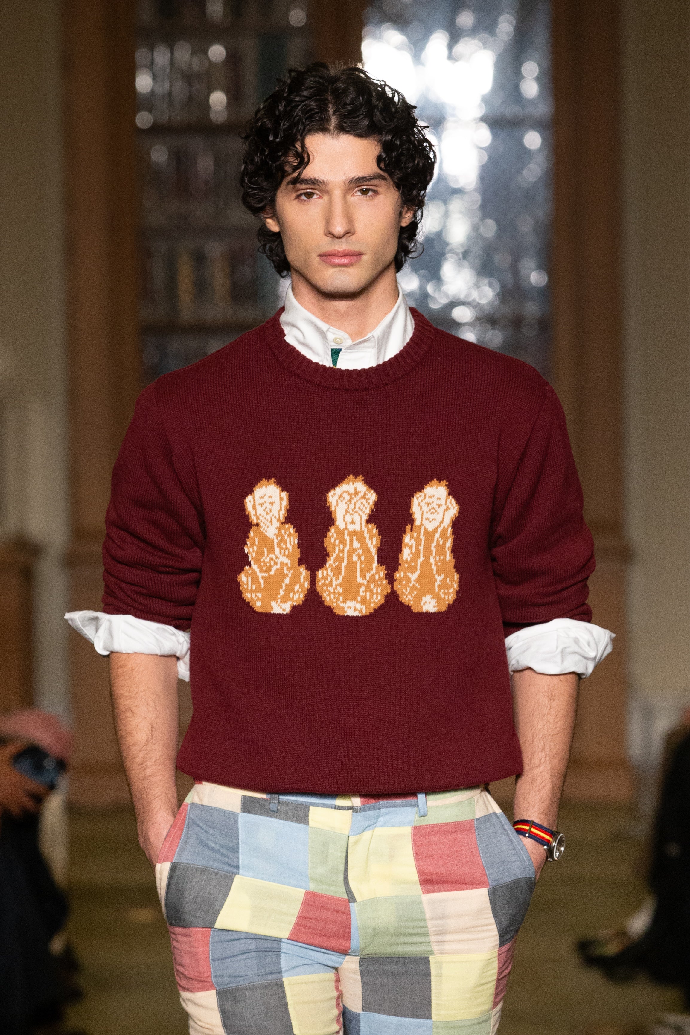 Three Wise Monkeys Intarsia Knit Cotton Sweater