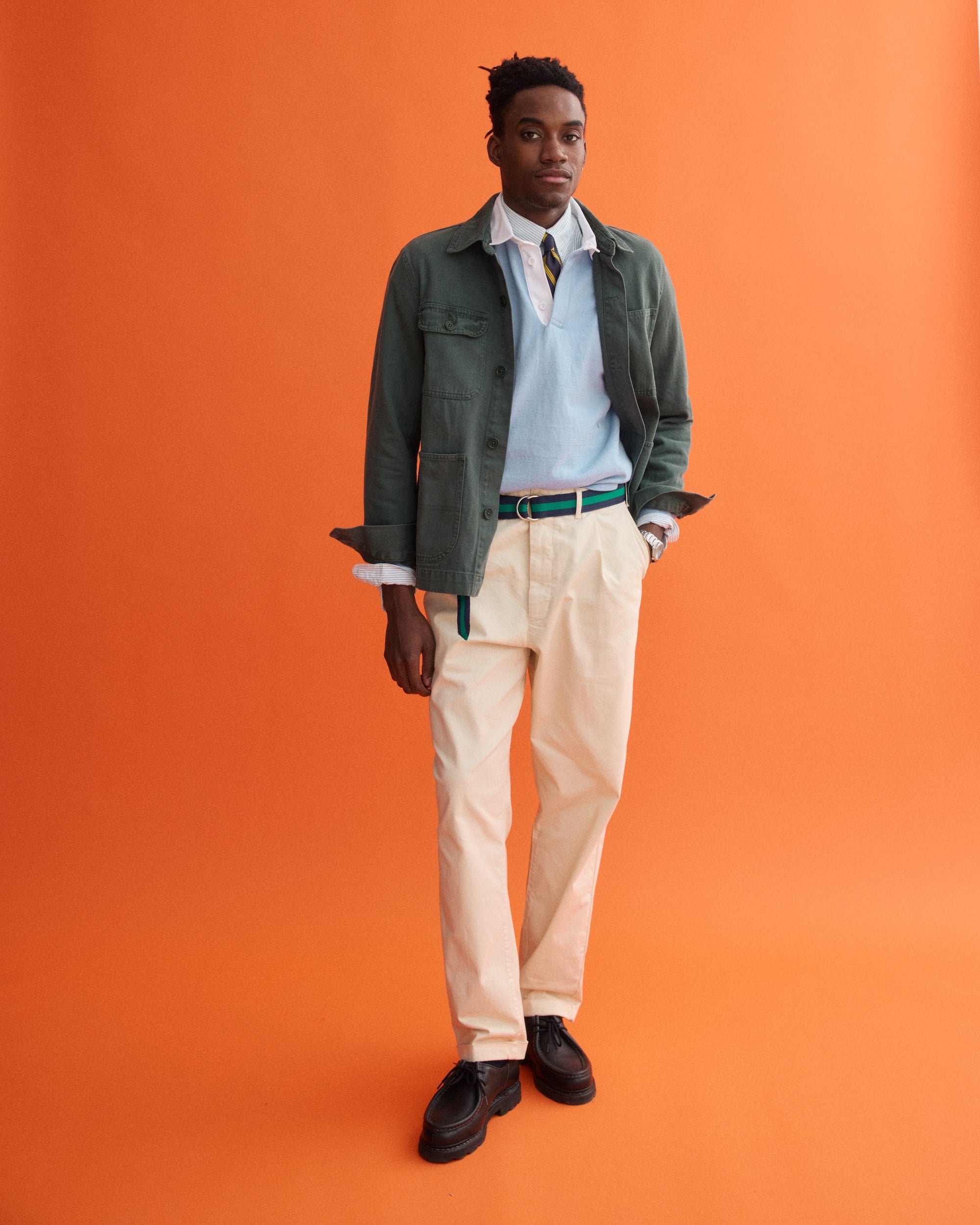 Made-in-USA Navy & Green Striped Ribbon Belt