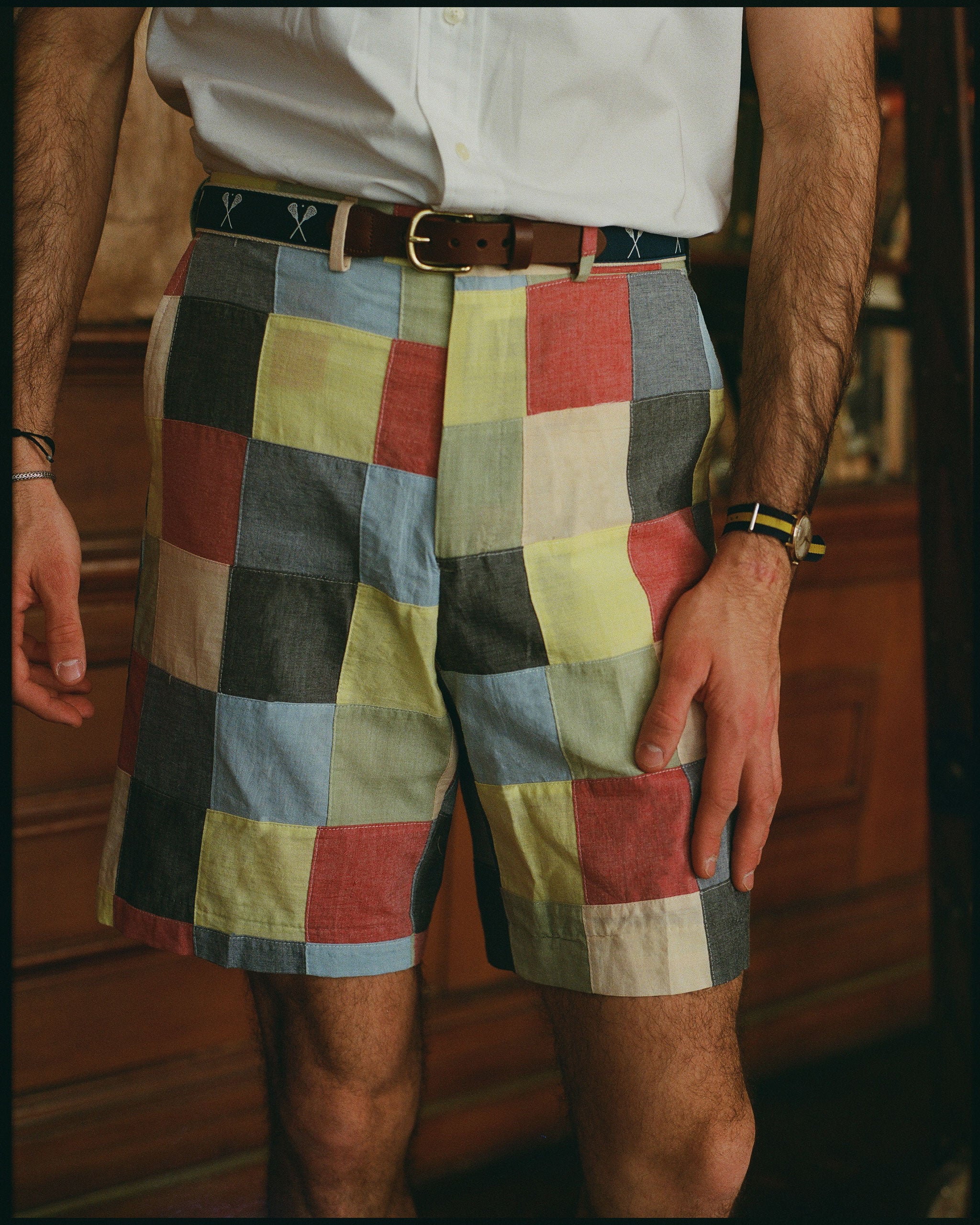 Made-in-USA Patchwork Cotton Chambray Shorts