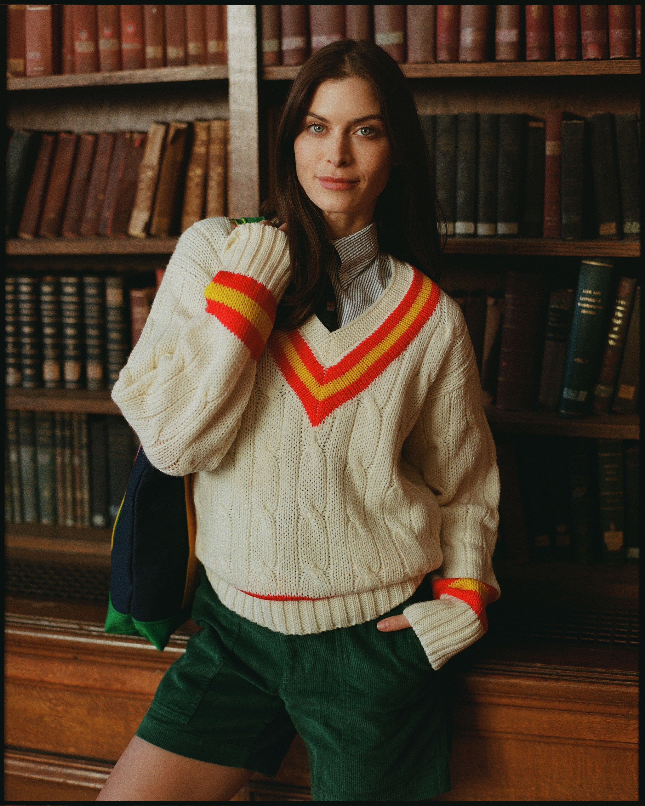 Made-in-England Red & Yellow Cable Knit Wool Cricket Sweater