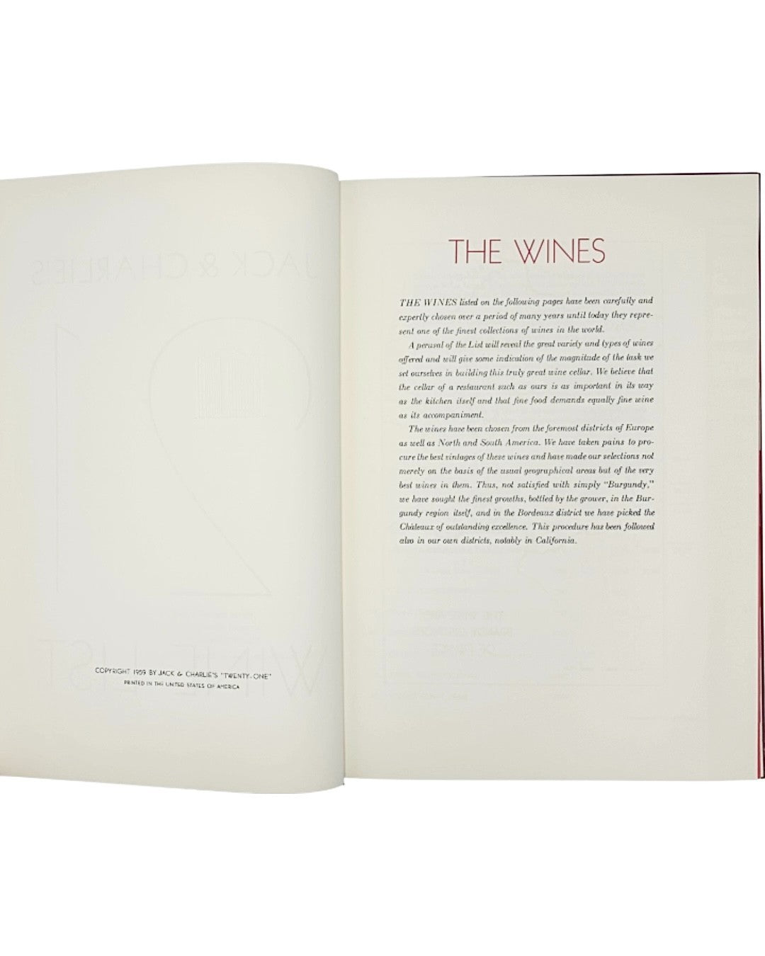 Jack & Charlie's The 21 Club NYC Restaurant Wine List 1959