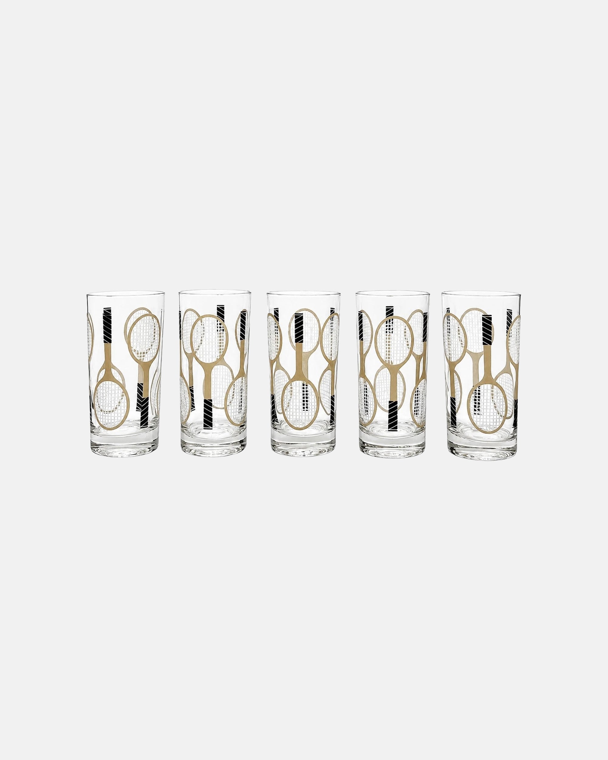 Vintage Set of 5 Tennis Racquet Highball Cocktail Glasses