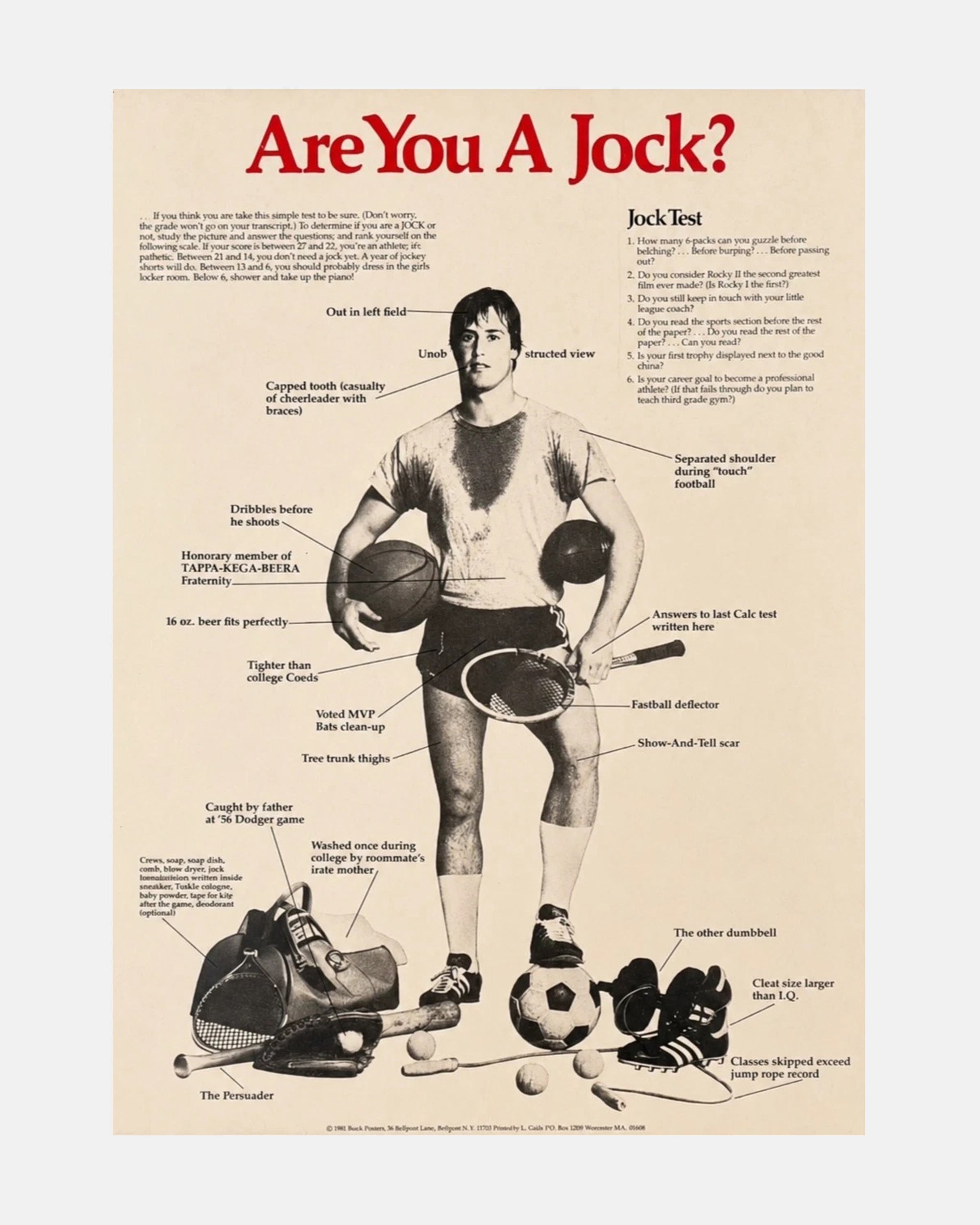 Vintage "Are You A Jock?" 1980 Framed Poster 19 x 26 in.