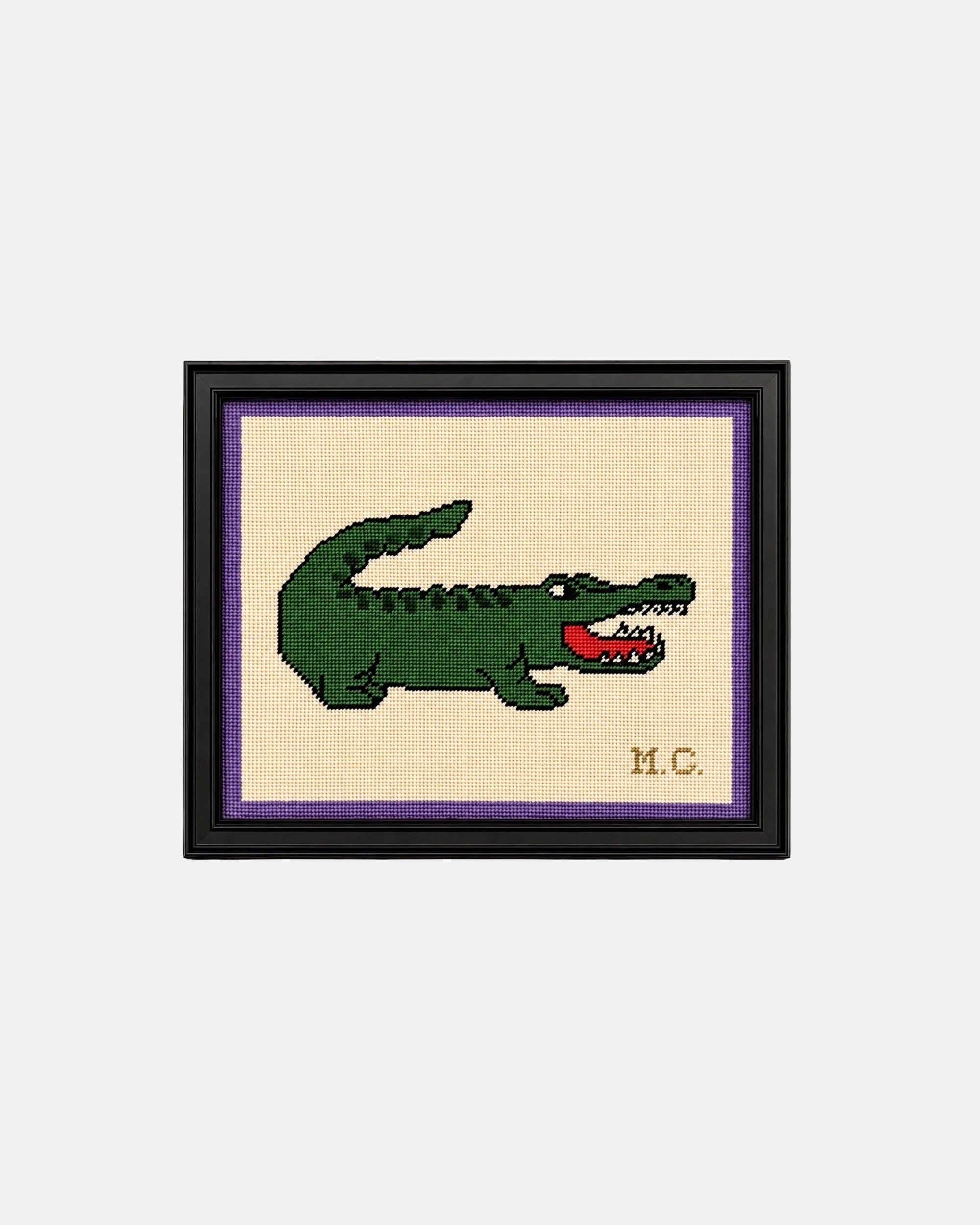 Vintage Preppy Alligator Framed Needlepoint Art 9.5 x 11.5 in.