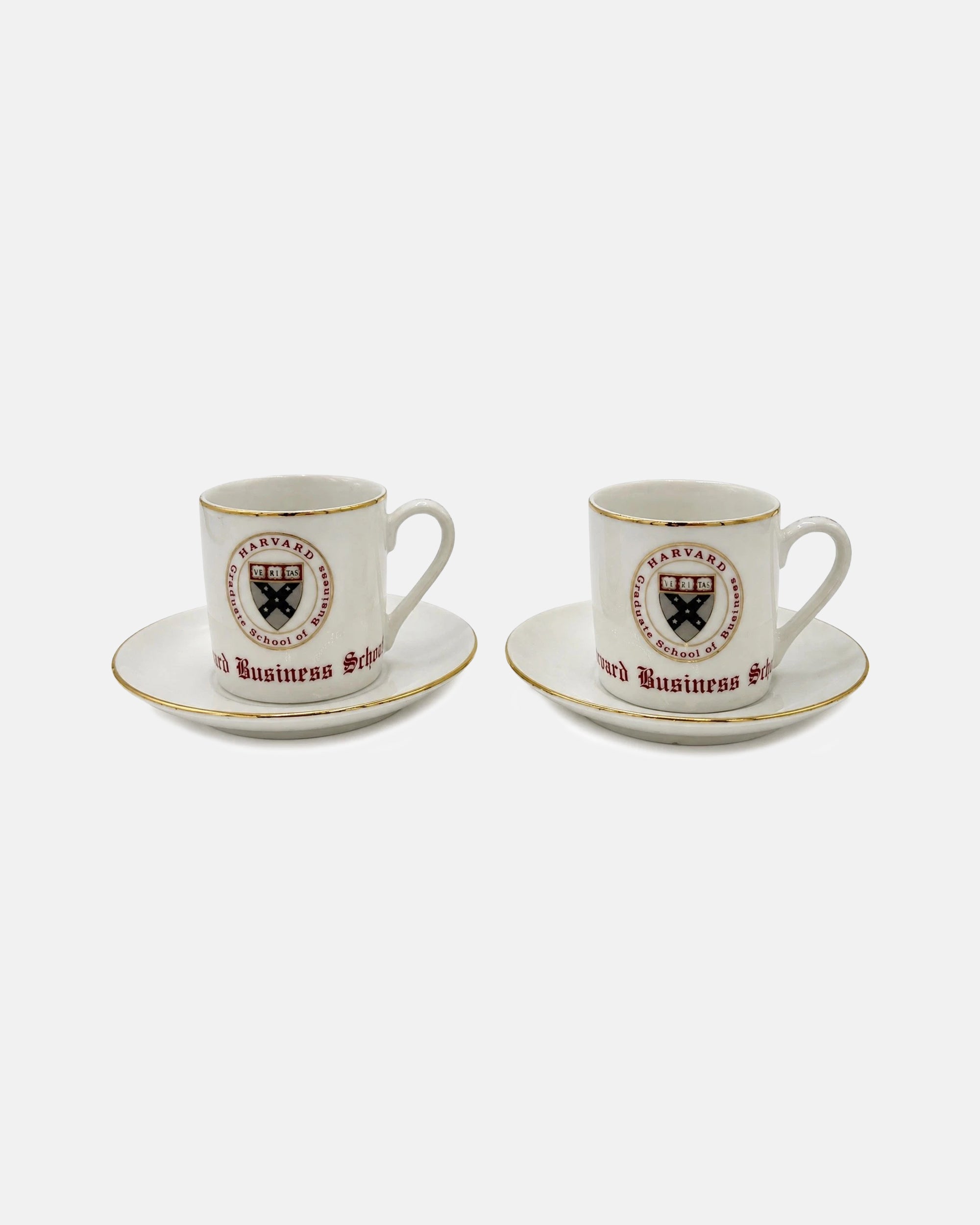 Pair Vintage Harvard Business School Porcelain Demitasse Cups Saucers