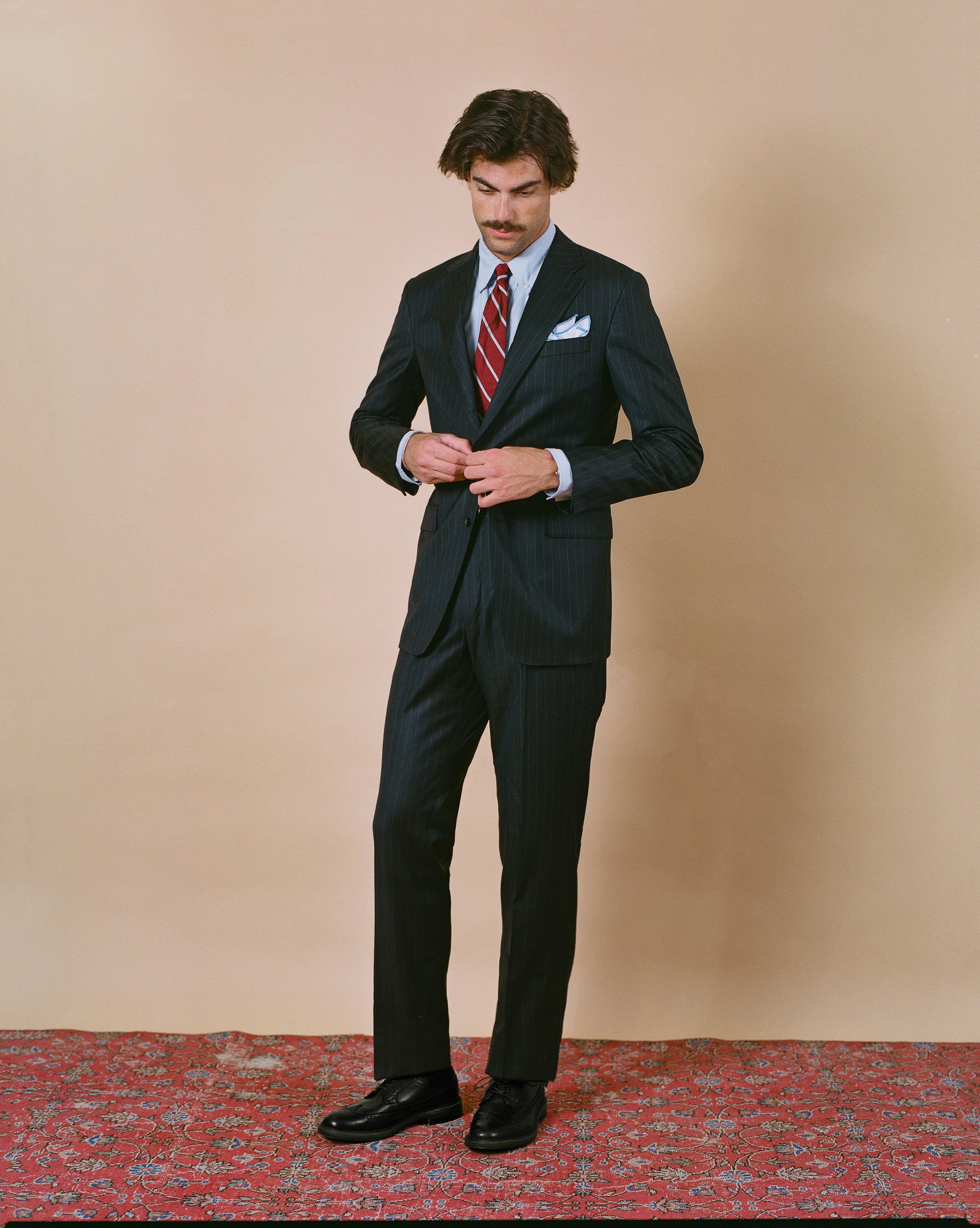 Made-in-USA Navy Chalkstripe Two-Button Darted Kennedy Model Suit