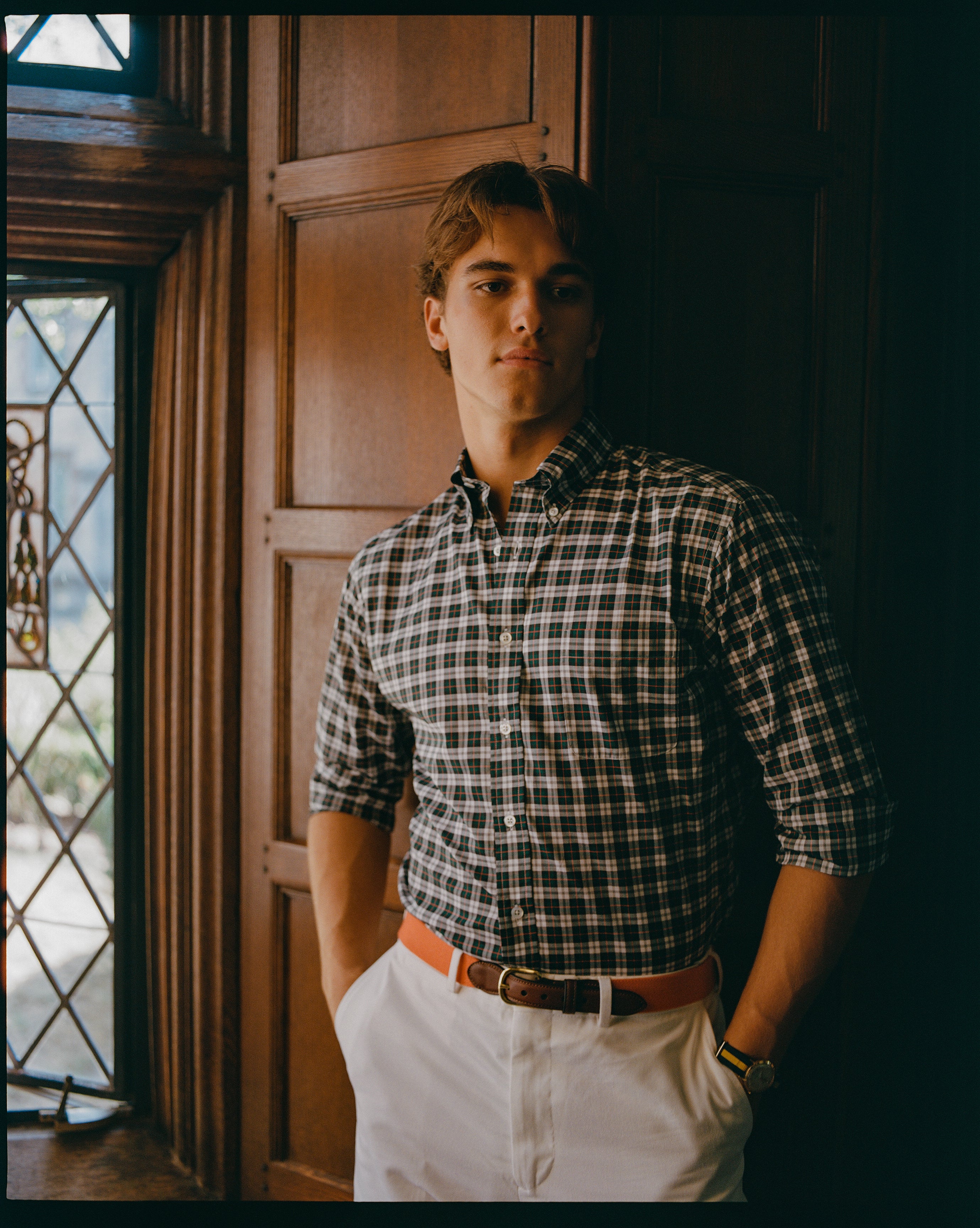 Made-in-USA Thomas Mason Green & White Tartan Broadcloth Sport Shirt - Classic Fit