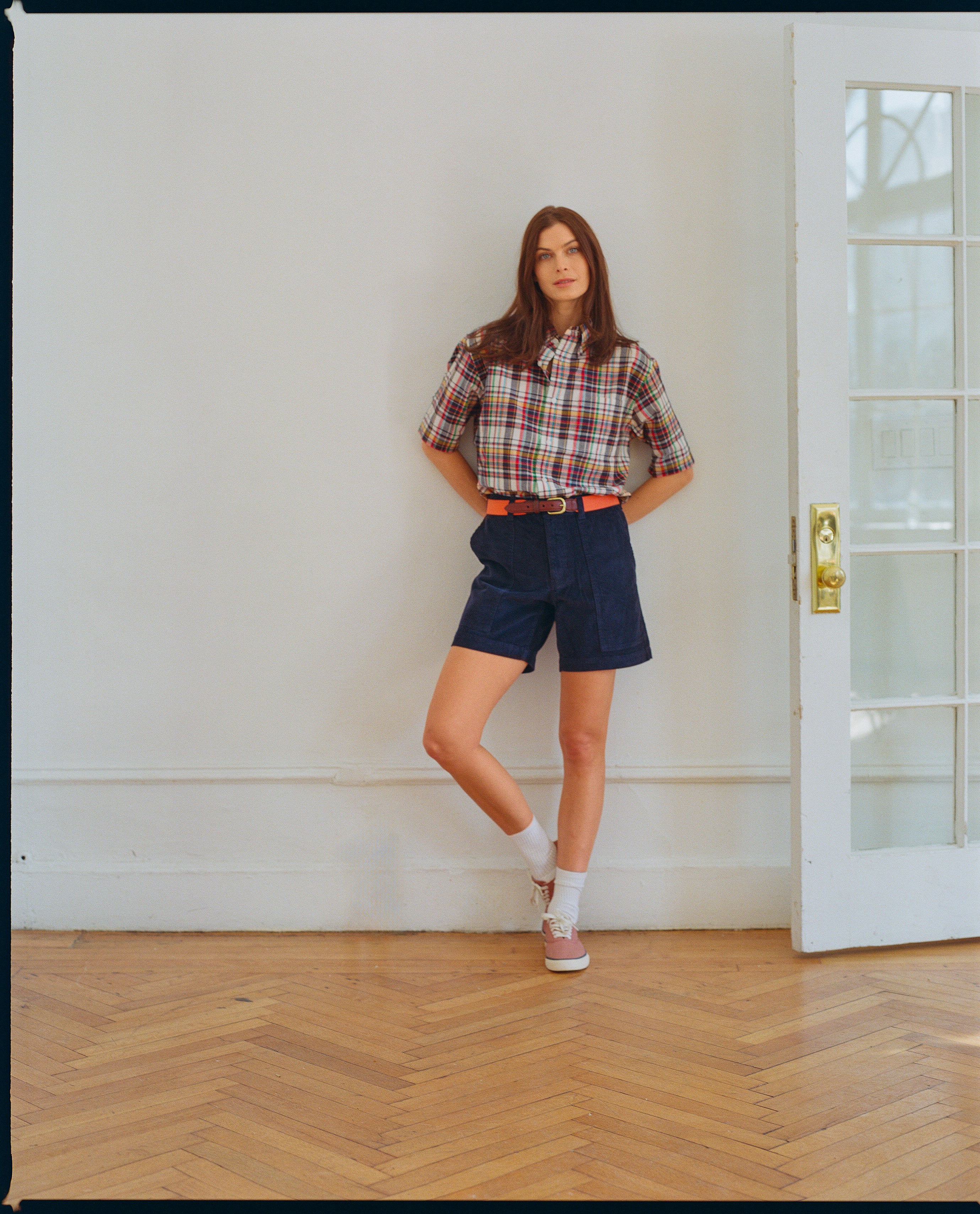 Navy, Red & Gold Madras Button Down Short Sleeve Shirt - Classic Fit