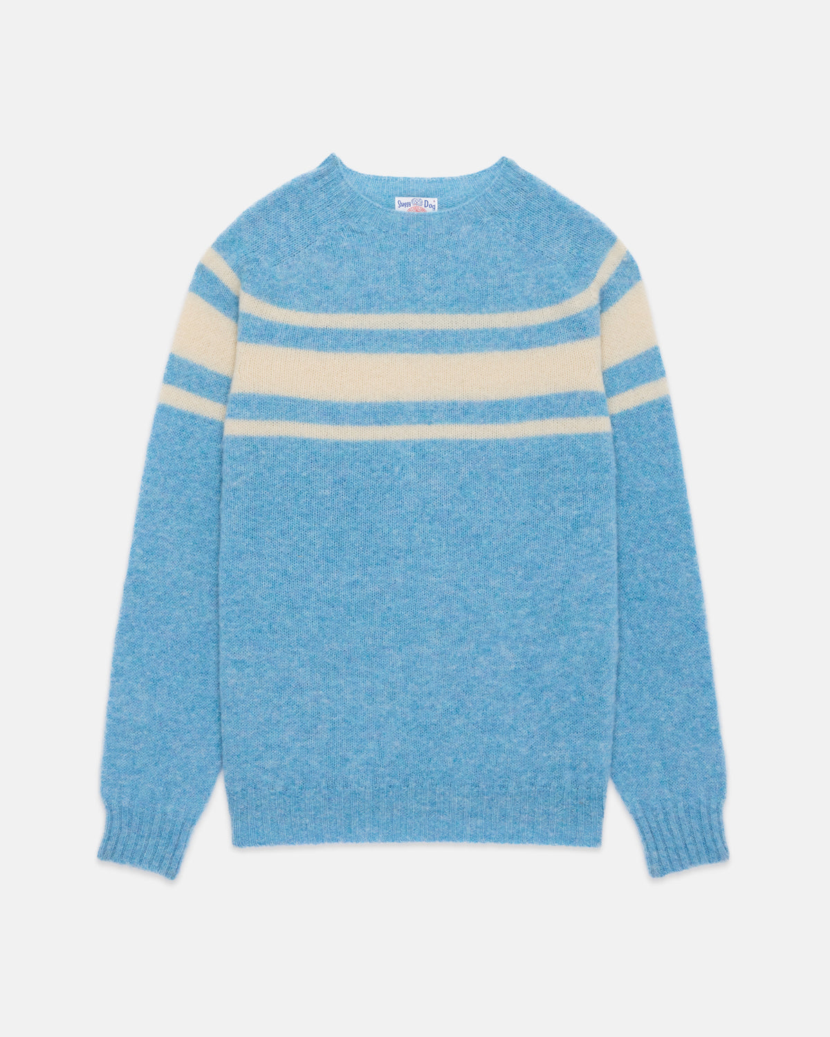 Made-in-Scotland Light Blue Chest Stripe Shaggy Dog Sweater - Trim Fit