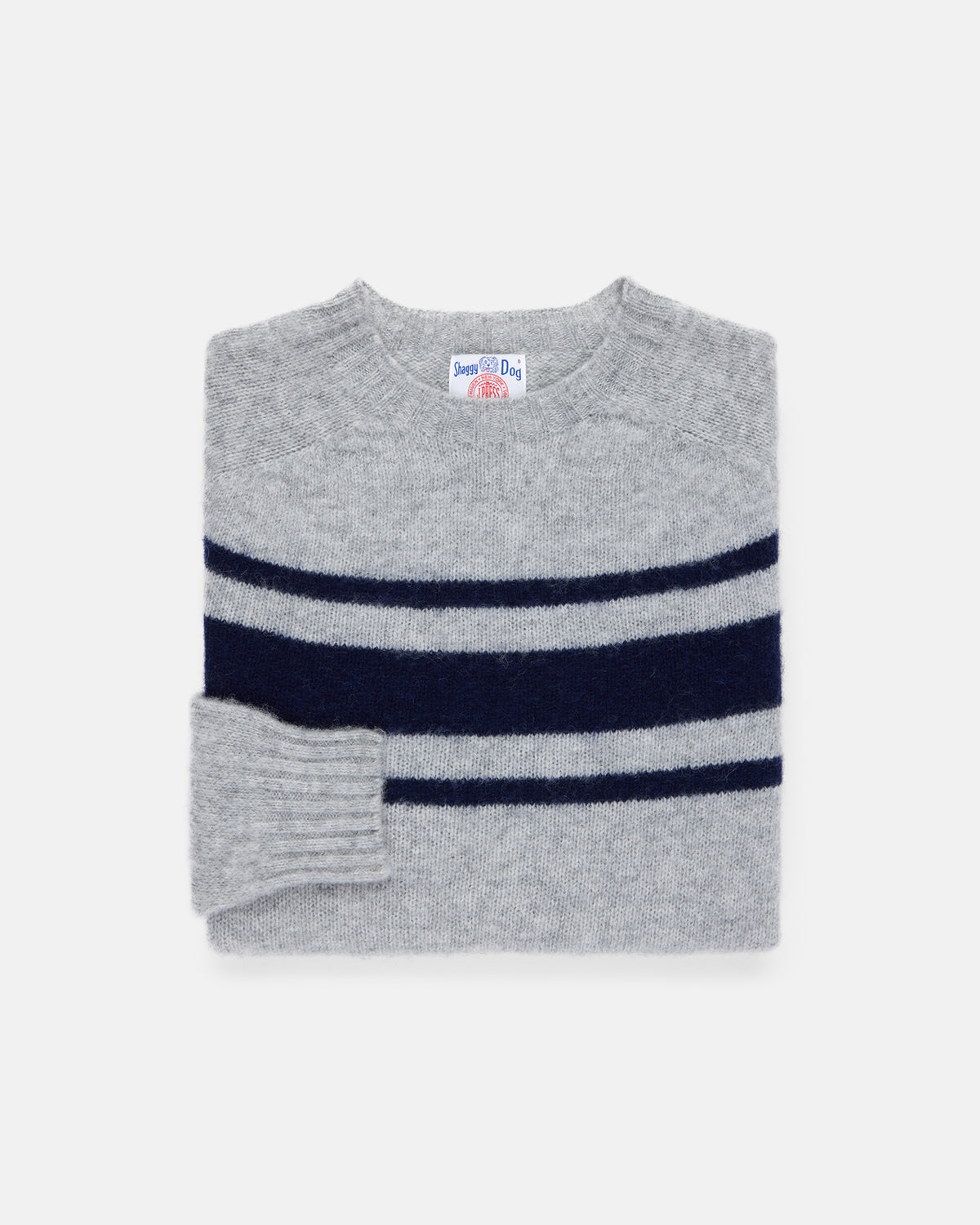 Made-in-Scotland Grey Chest Stripe Shaggy Dog Sweater - Trim Fit