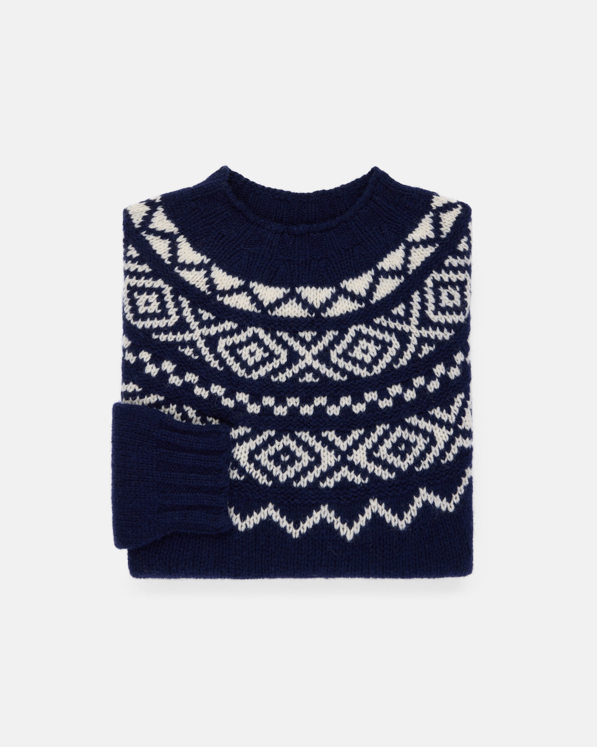 Made-in-Scotland Navy & White Heavy Yoke Fair Isle Crew Neck Sweater