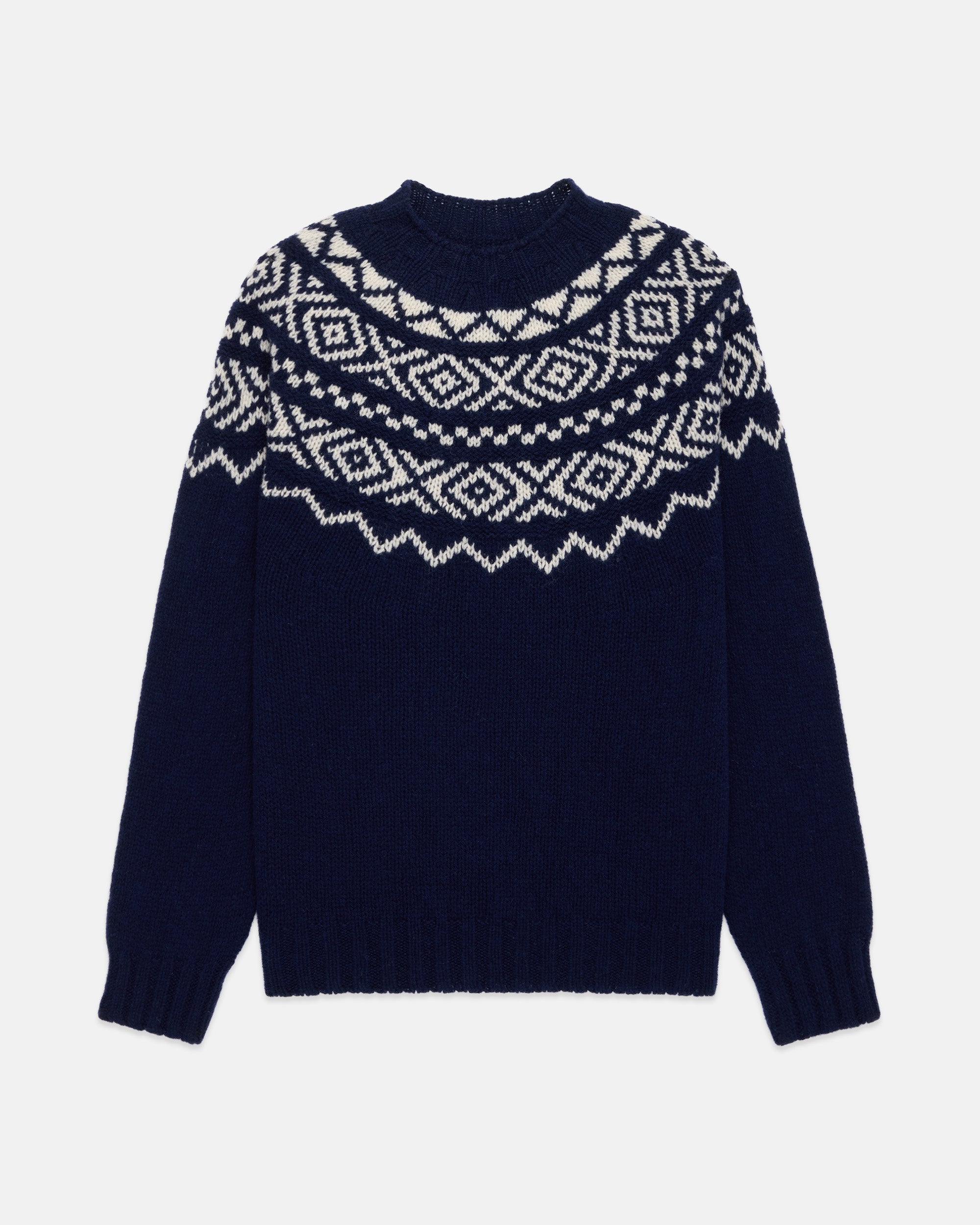 Made-in-Scotland Navy & White Heavy Yoke Fair Isle Crew Neck Sweater