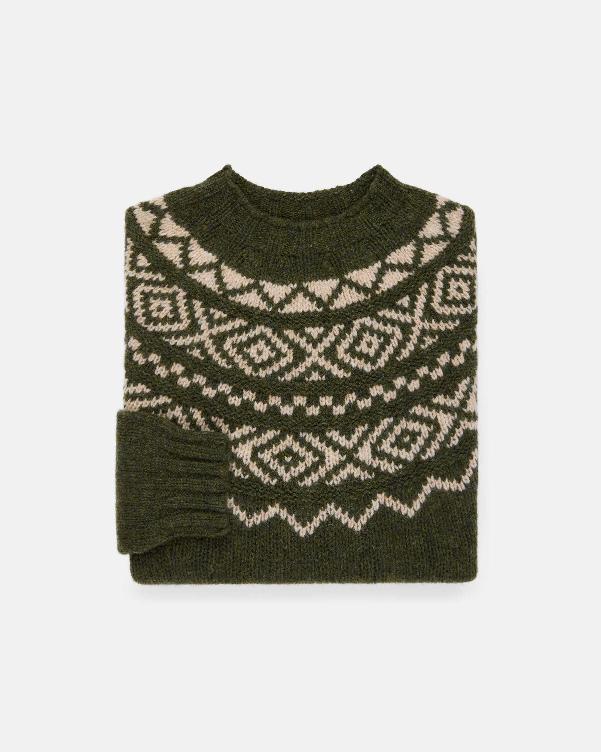 Made-in-Scotland Green & White Heavy Yoke Fair Isle Crew Neck Sweater