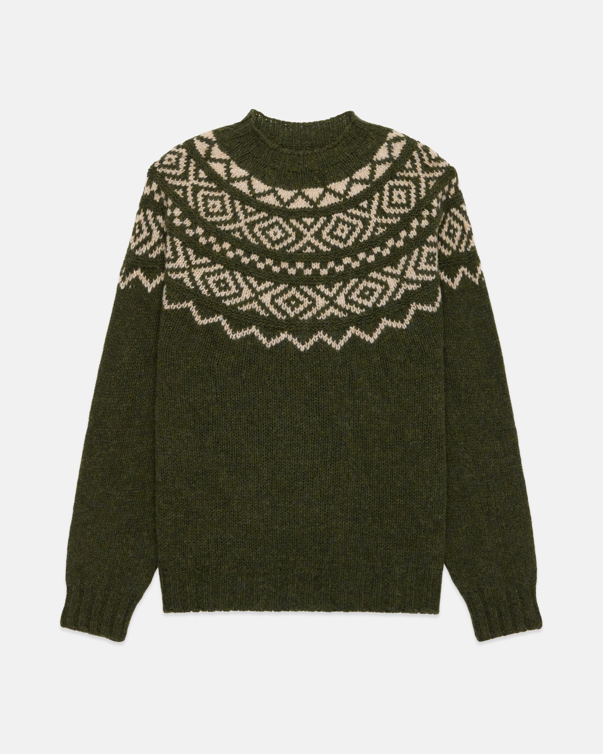 Made-in-Scotland Green & White Heavy Yoke Fair Isle Crew Neck Sweater