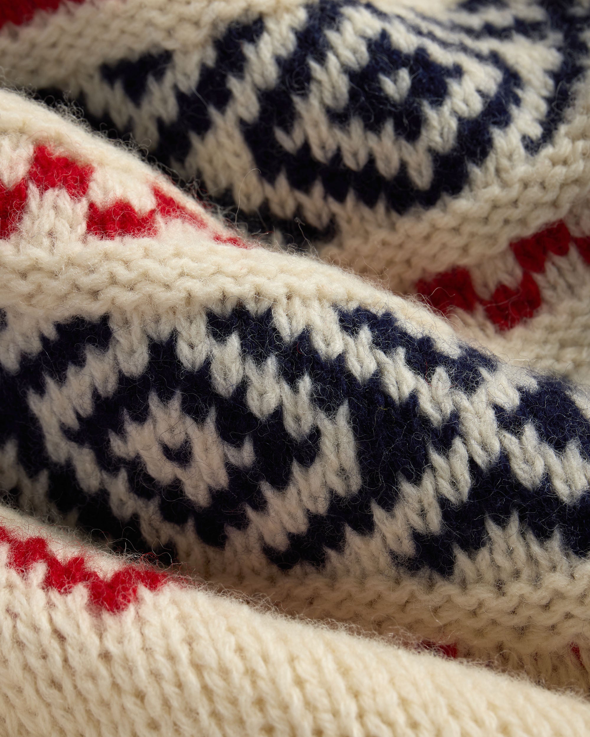 Made-in-Scotland White, Navy & Red Heavy Yoke Fair Isle Crew Neck Sweater
