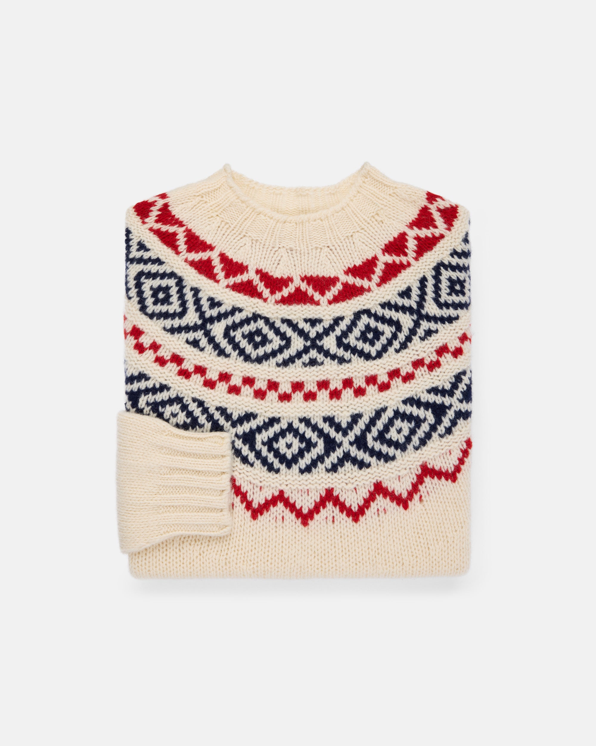 Made-in-Scotland White, Navy & Red Heavy Yoke Fair Isle Crew Neck Sweater
