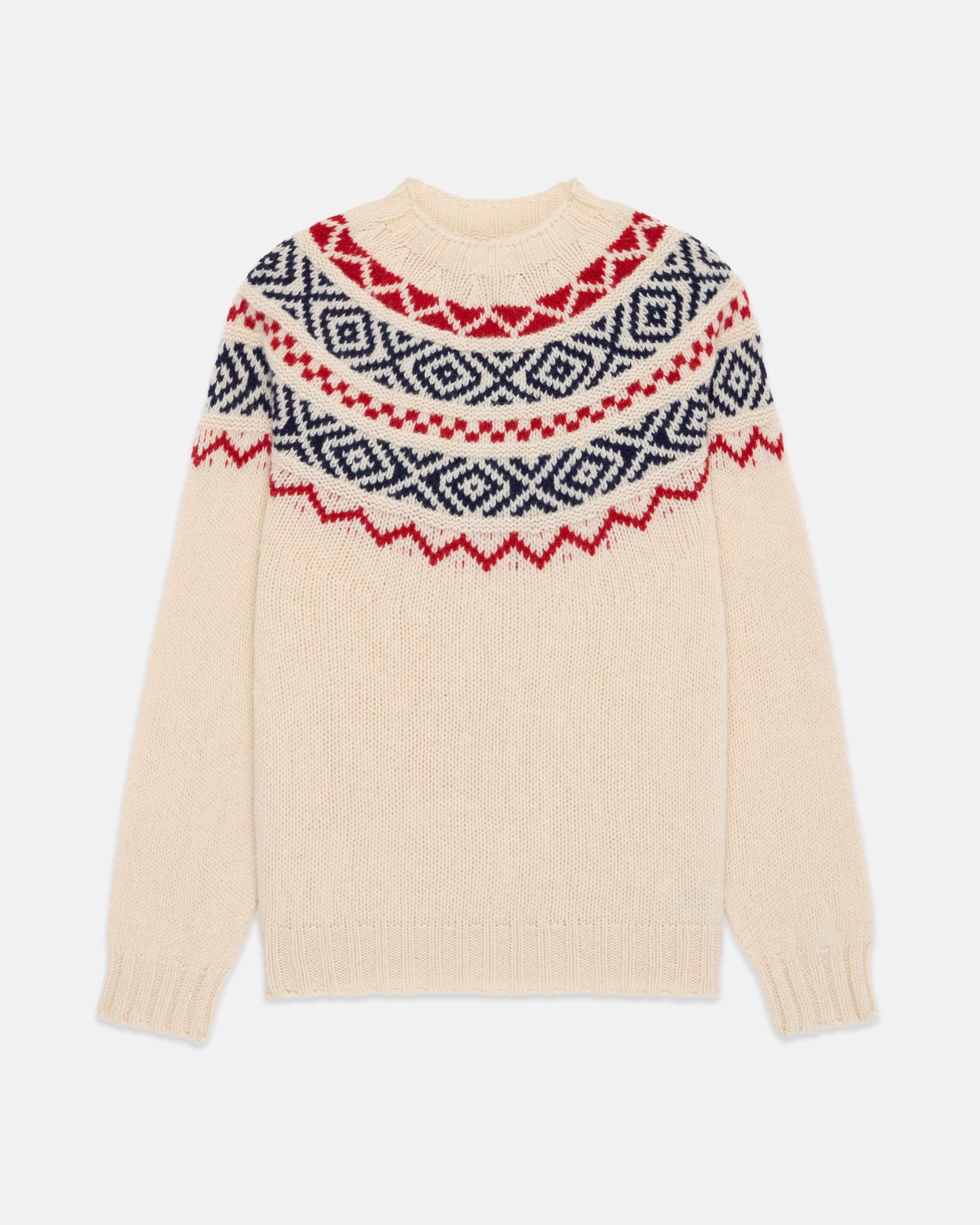 Made-in-Scotland White, Navy & Red Heavy Yoke Fair Isle Crew Neck Sweater