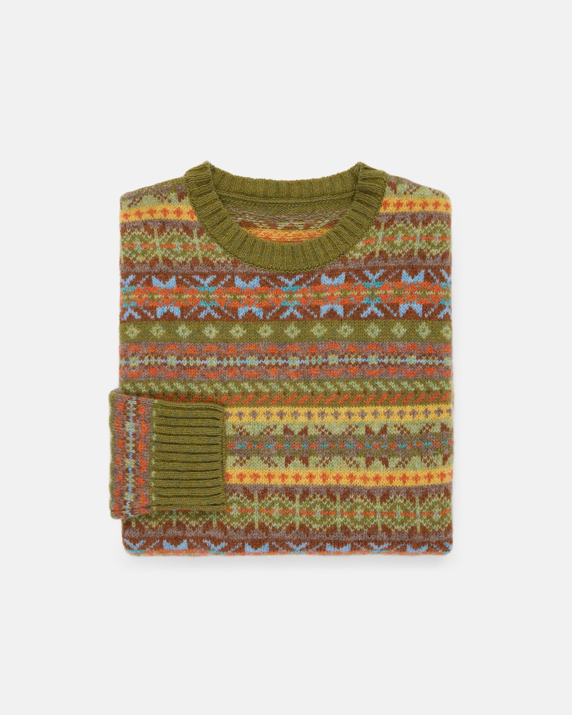 Made-in-Scotland Light Green Fair Isle Crew Neck Sweater