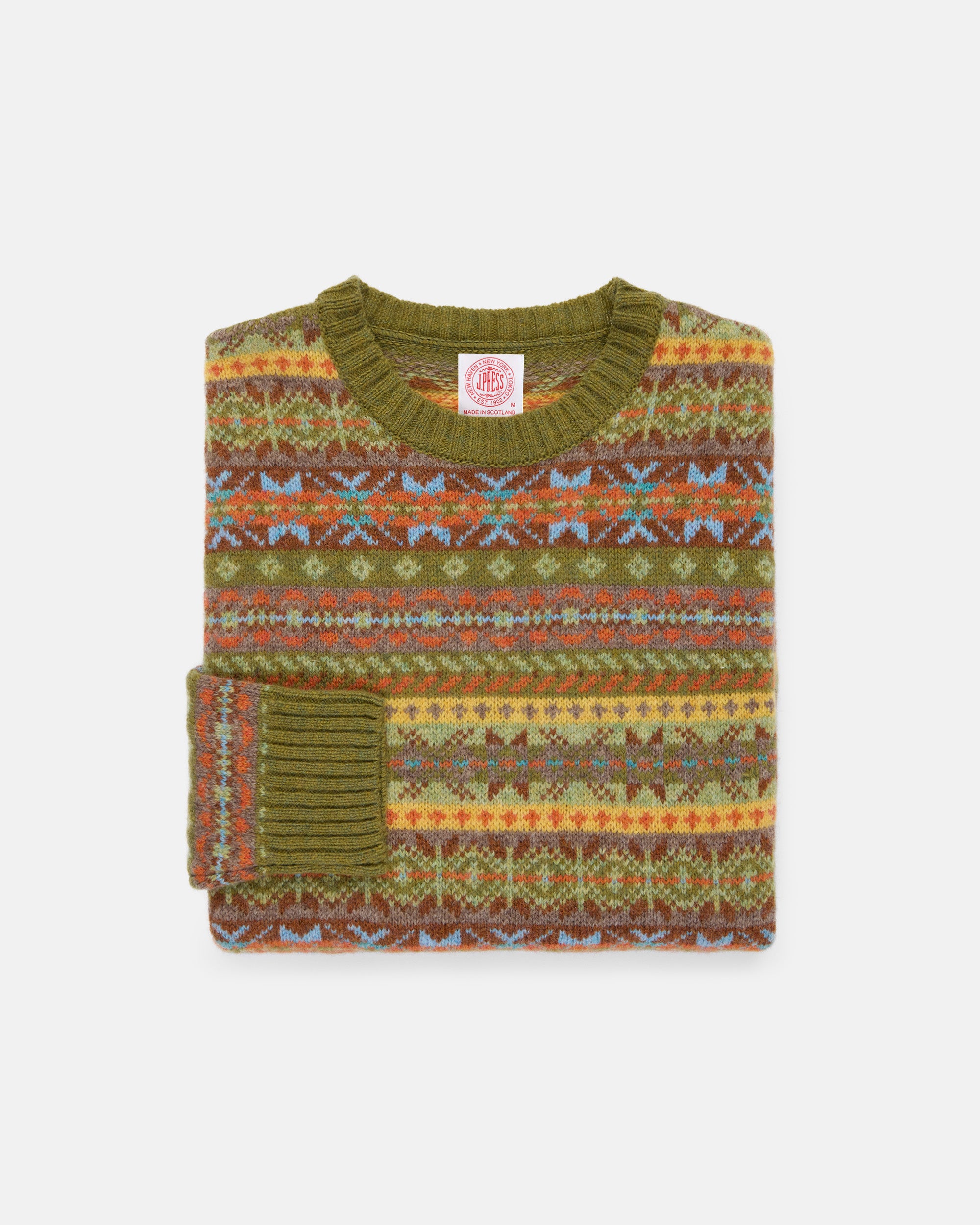 Made-in-Scotland Light Green Fair Isle Crew Neck Sweater