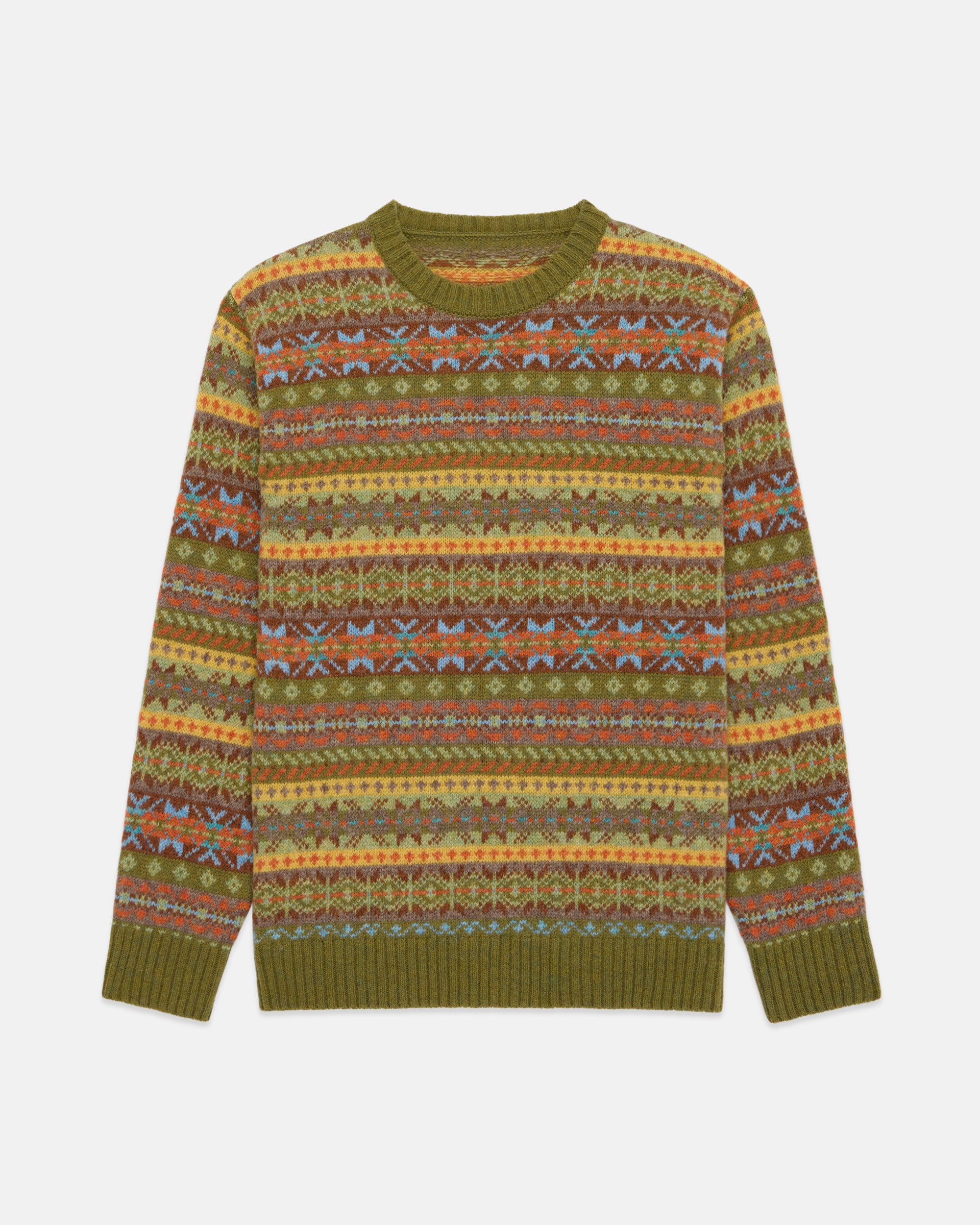 Made-in-Scotland Light Green Fair Isle Crew Neck Sweater