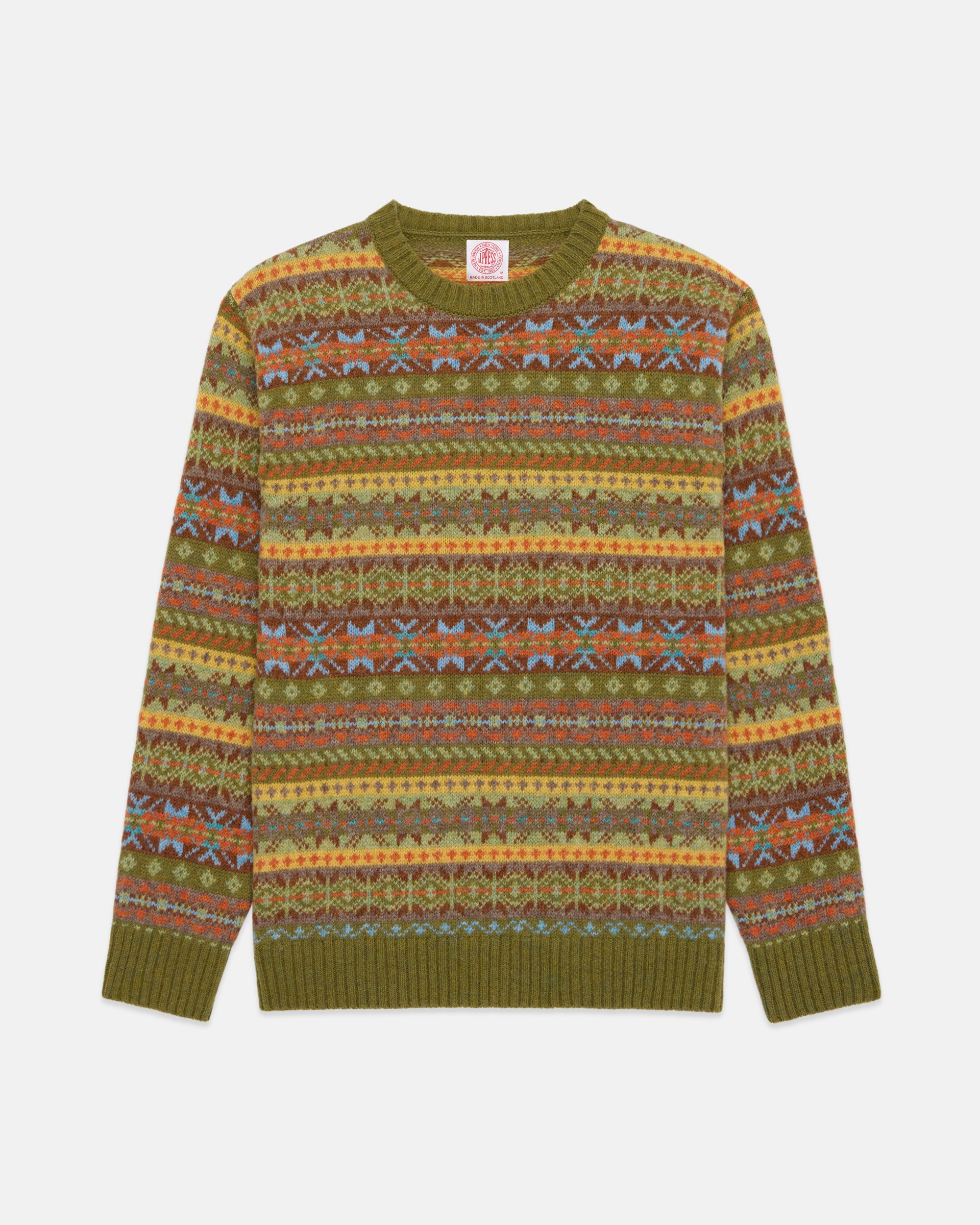 Made-in-Scotland Light Green Fair Isle Crew Neck Sweater