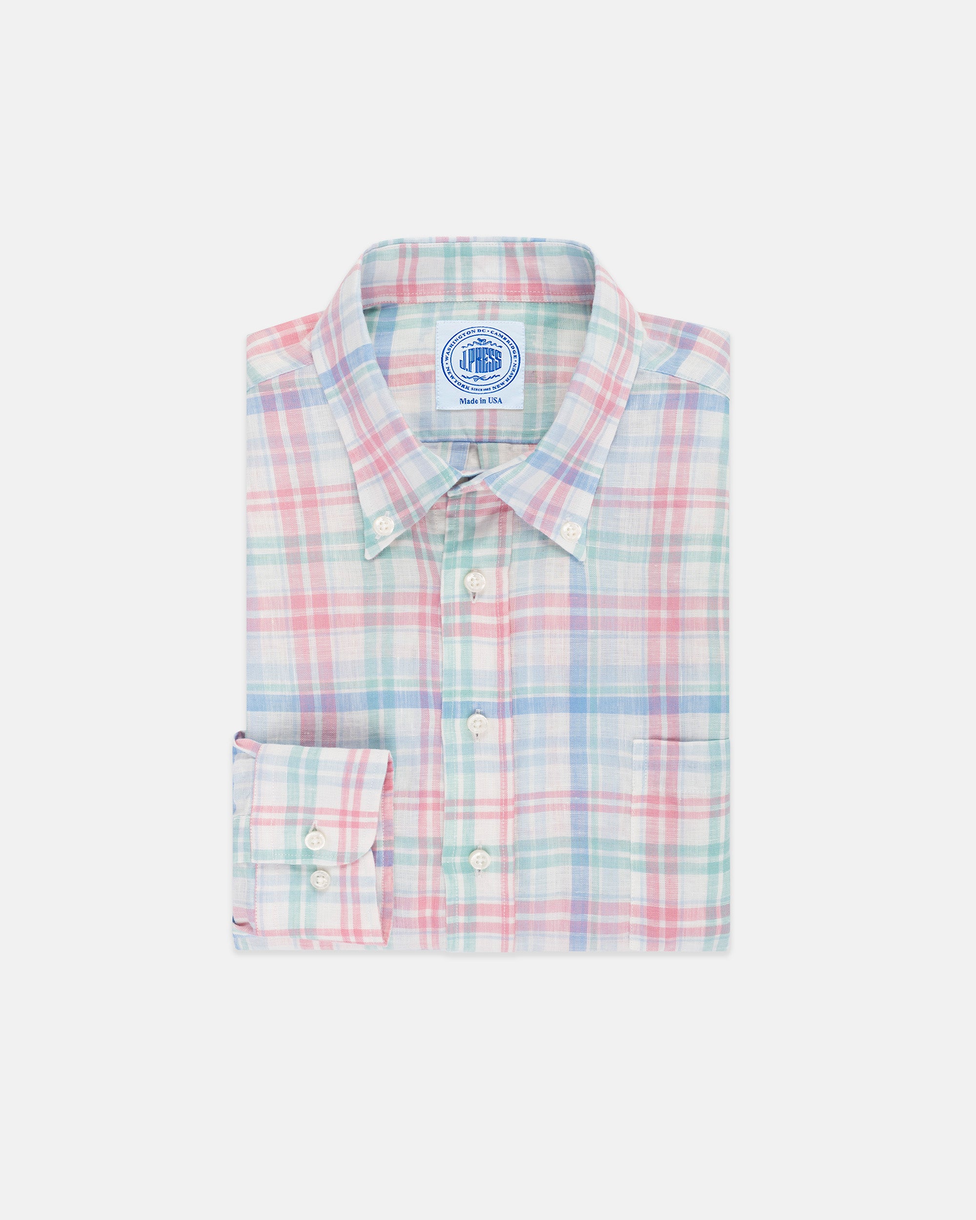 Pink, Mint & Sky Blue Plaid Linen Sport Shirt - Classic Fit
