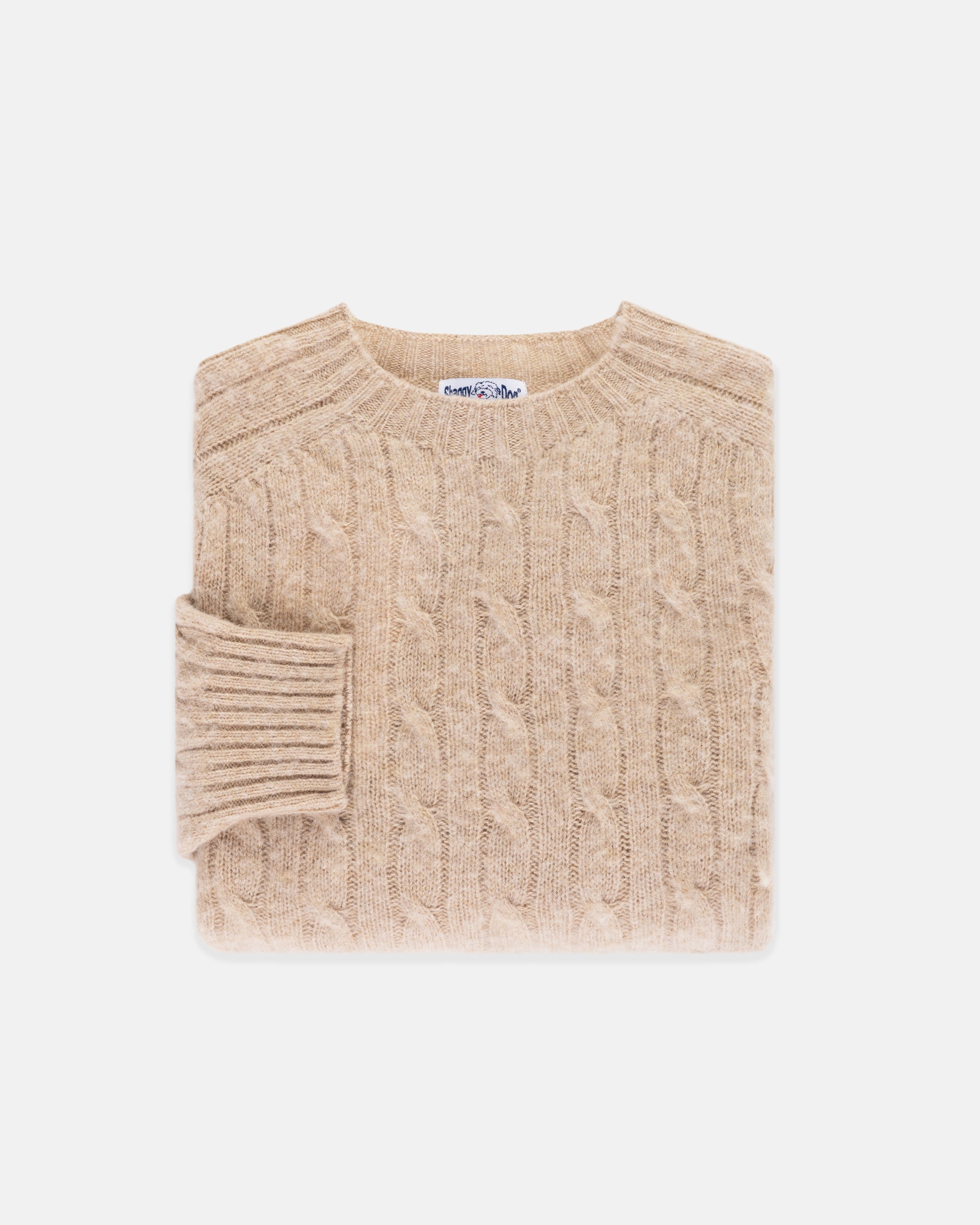 Made-in-Scotland Oatmeal Shaggy Dog Cable Knit Sweater - Classic Fit