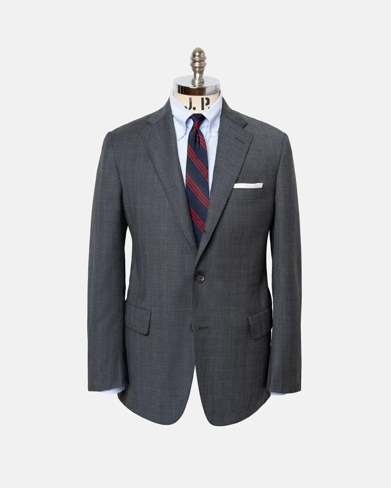 Made-in-USA Medium Grey Shadow Plaid Super 12Os Wool Suit