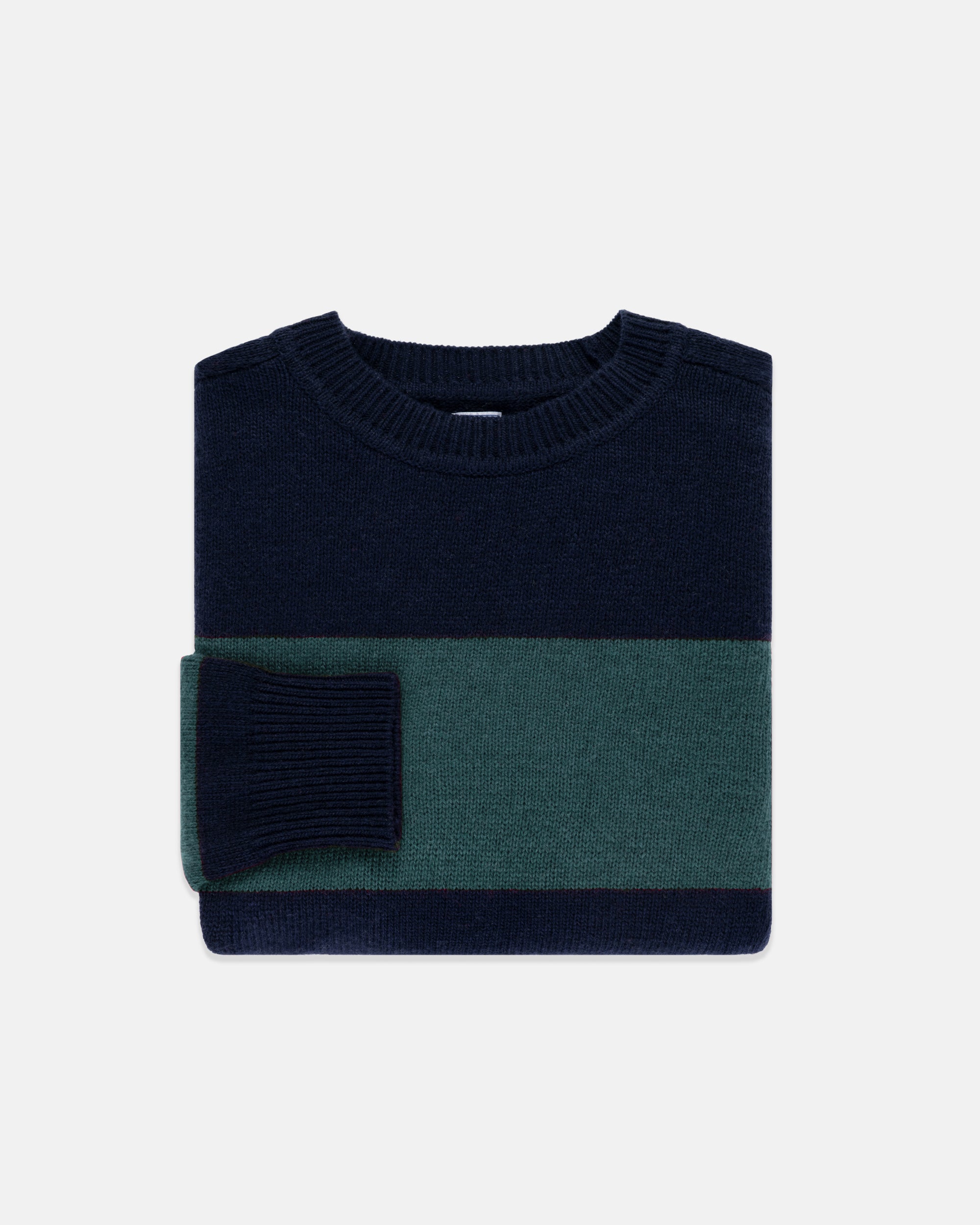 Green & Navy Rugby Stripe Crewneck Wool Sweater - Trim Fit