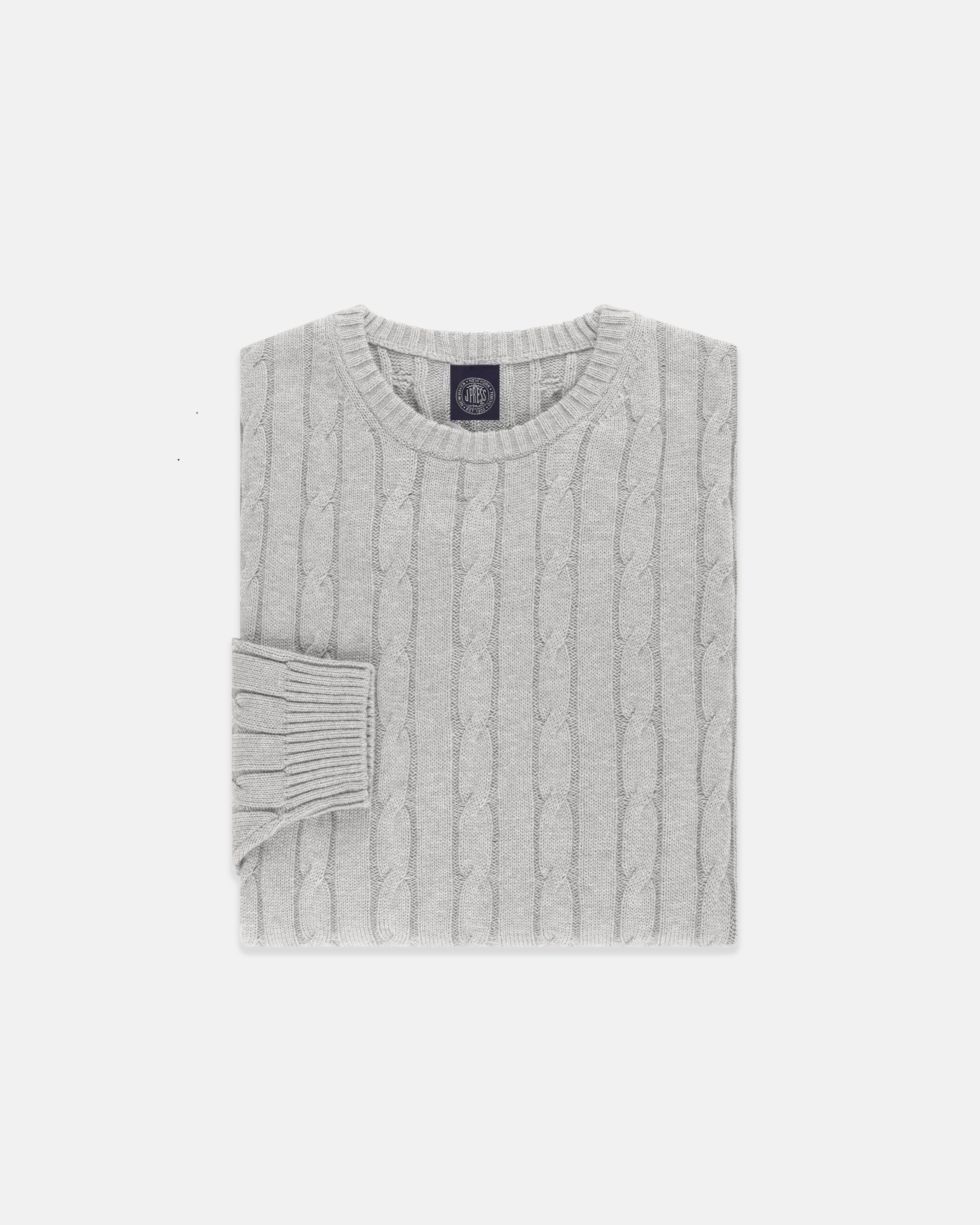 Light Grey Cotton-Cashmere Cable Crewneck Sweater