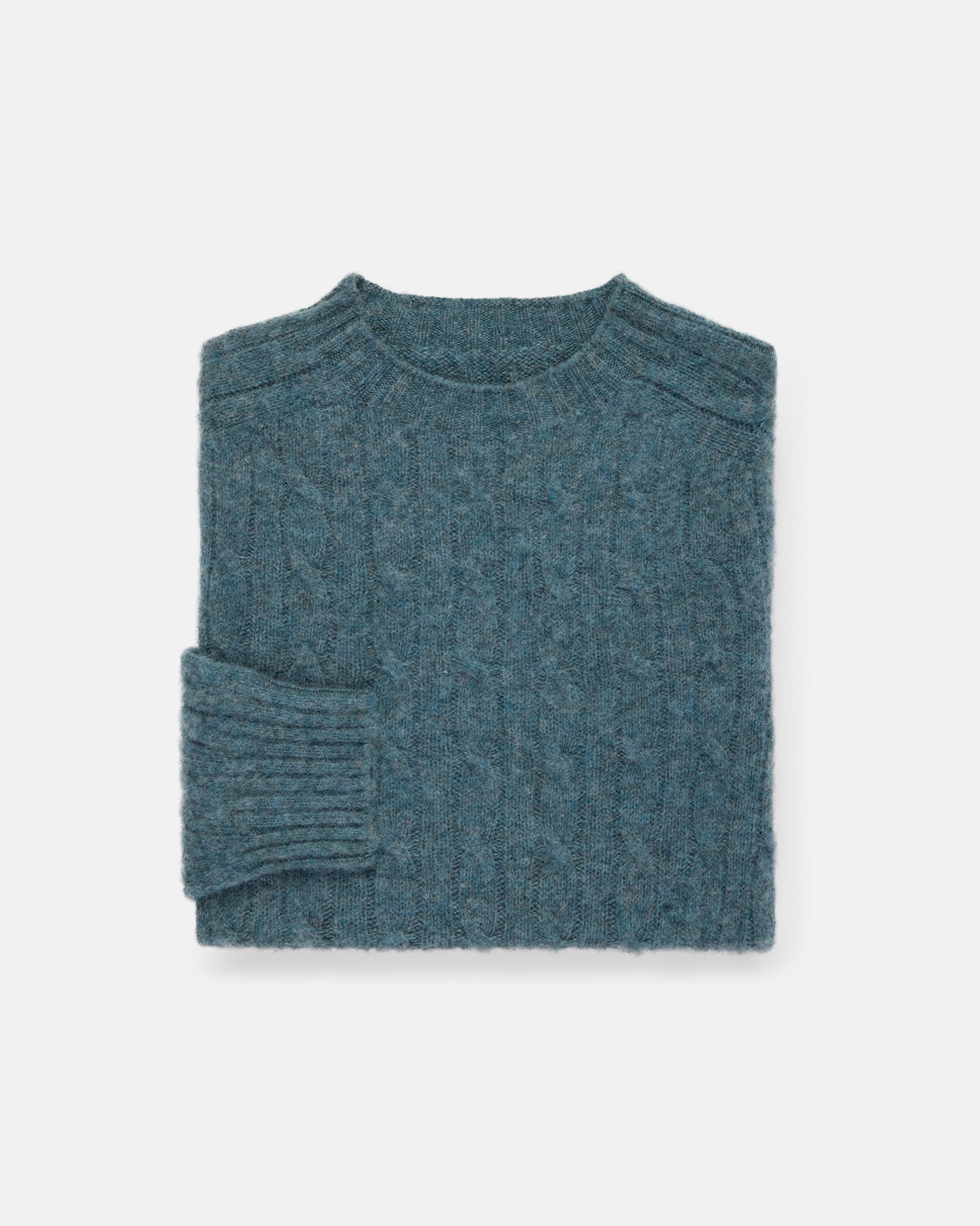 Made-in-Scotland Grey Blue Shaggy Dog Cable Knit Sweater  - Classic Fit
