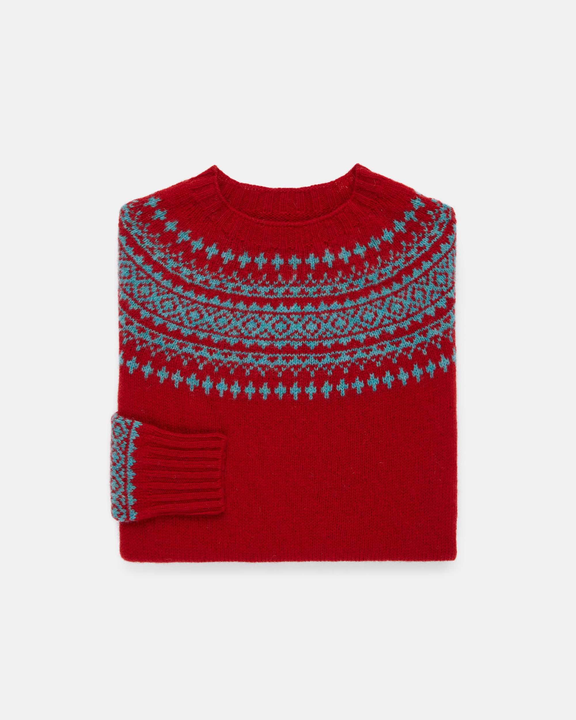 Made-in-Scotland Women's Red Fair Isle Yoke Crew Neck Sweater