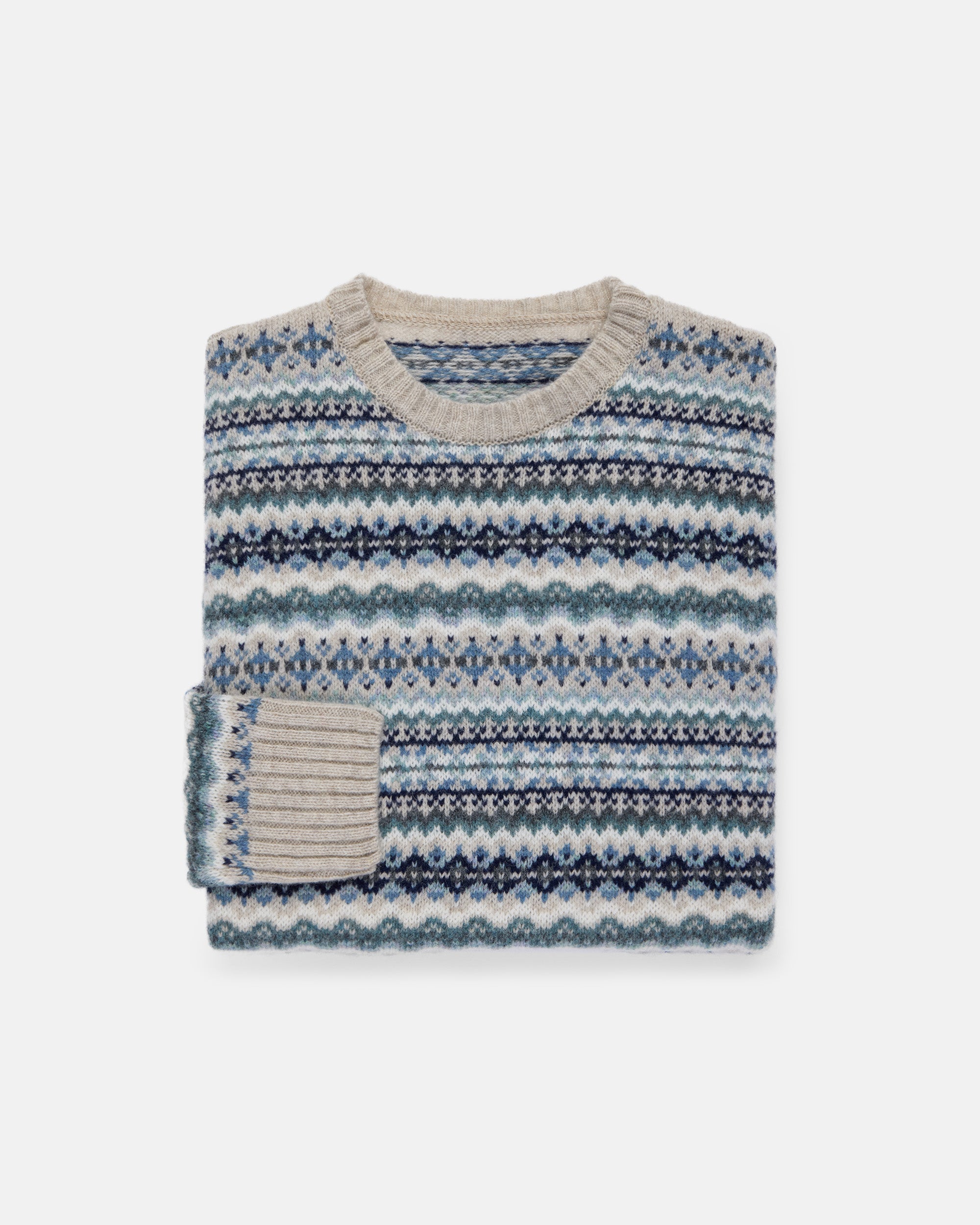 Made-in-Scotland Women's Light Blue Fair Isle Crew Neck Sweater